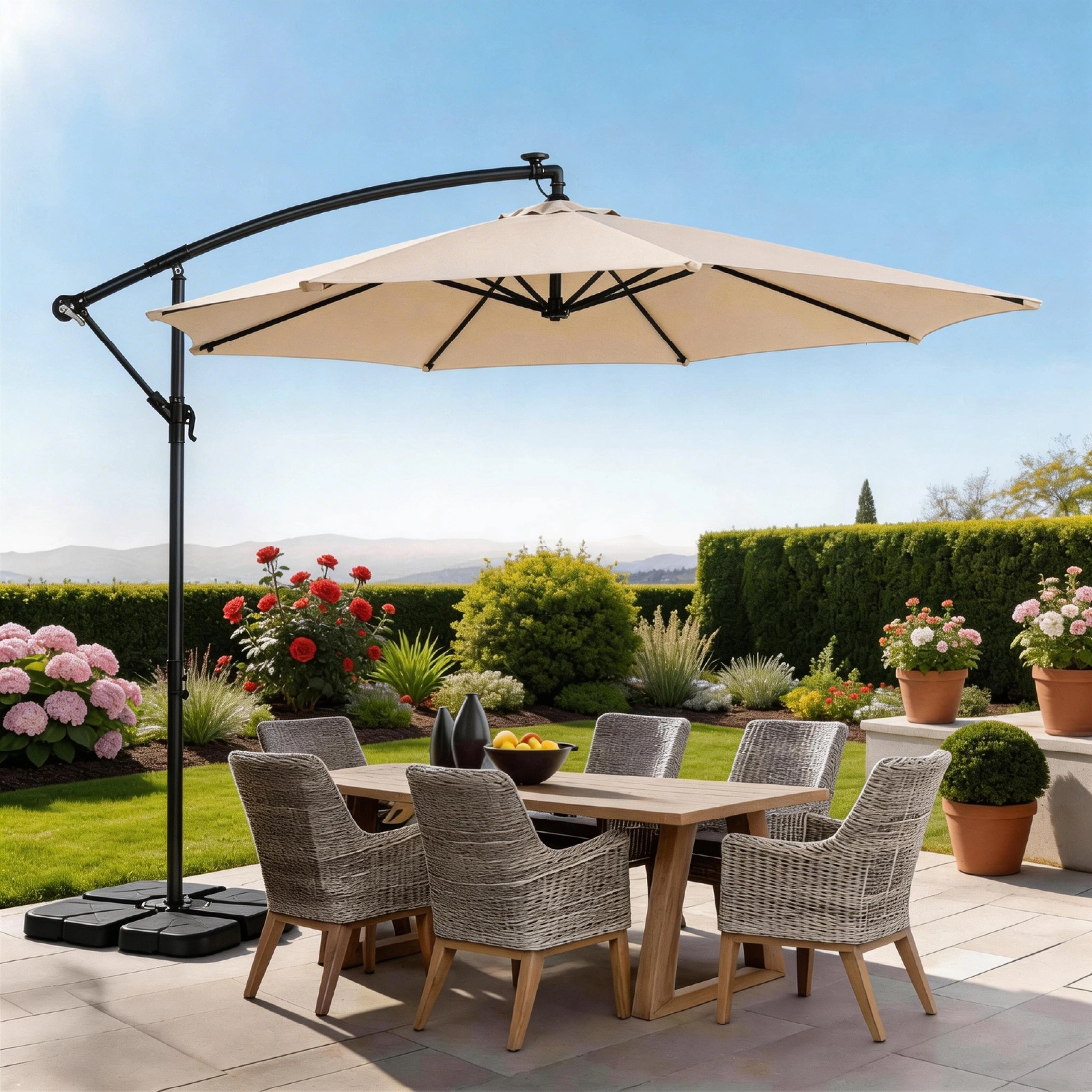 10FT Round Banana Hanging Patio Umbrella with 18 LED Lights, 6 Iron Ribs, Iron Straight & Curved Pole, Waterproof Polyester Canopy, with Stand Sleeve and Cross Base, Khaki view 28