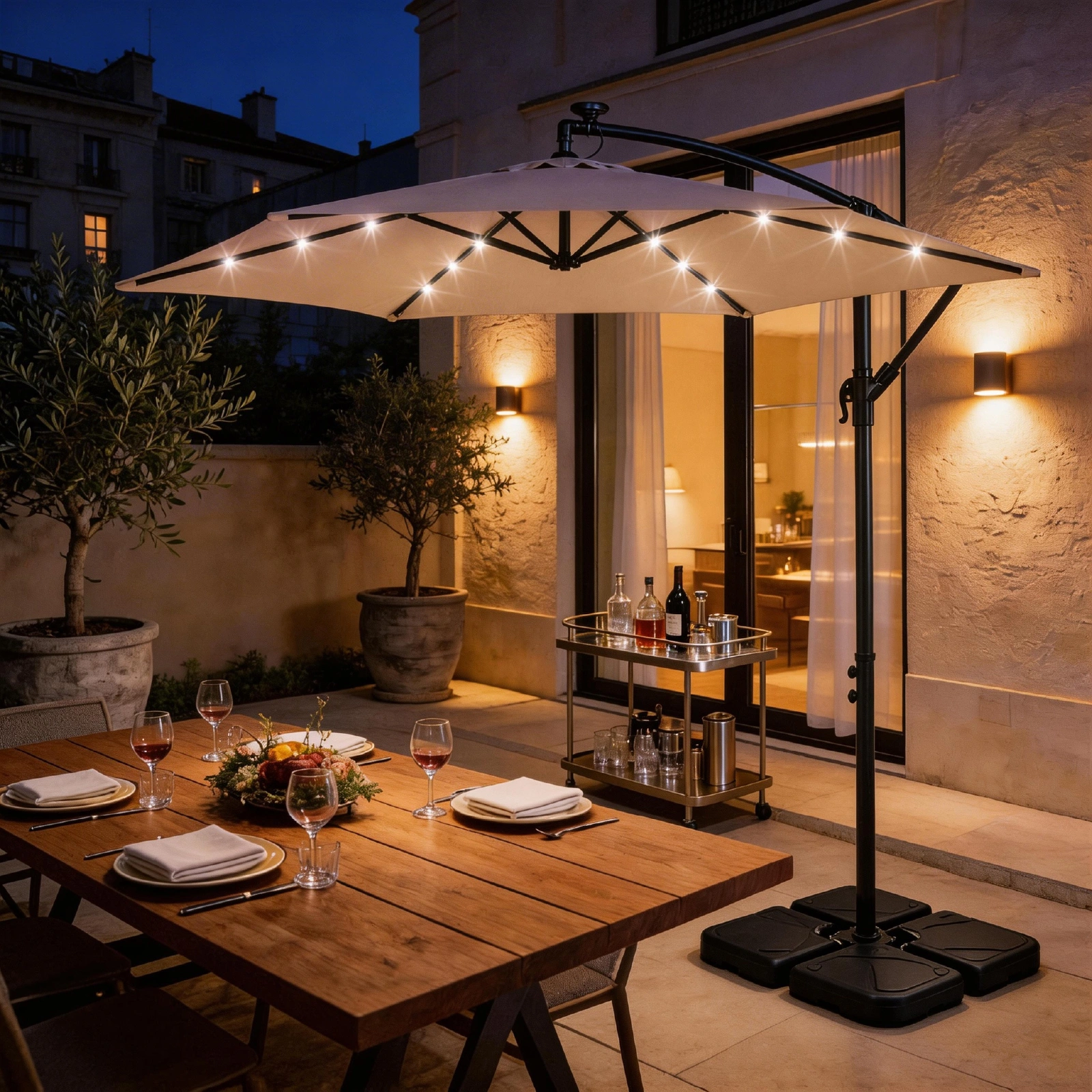 10FT Round Banana Hanging Patio Umbrella with 18 LED Lights, 6 Iron Ribs, Iron Straight & Curved Pole, Waterproof Polyester Canopy, with Stand Sleeve and Cross Base, Khaki view 30