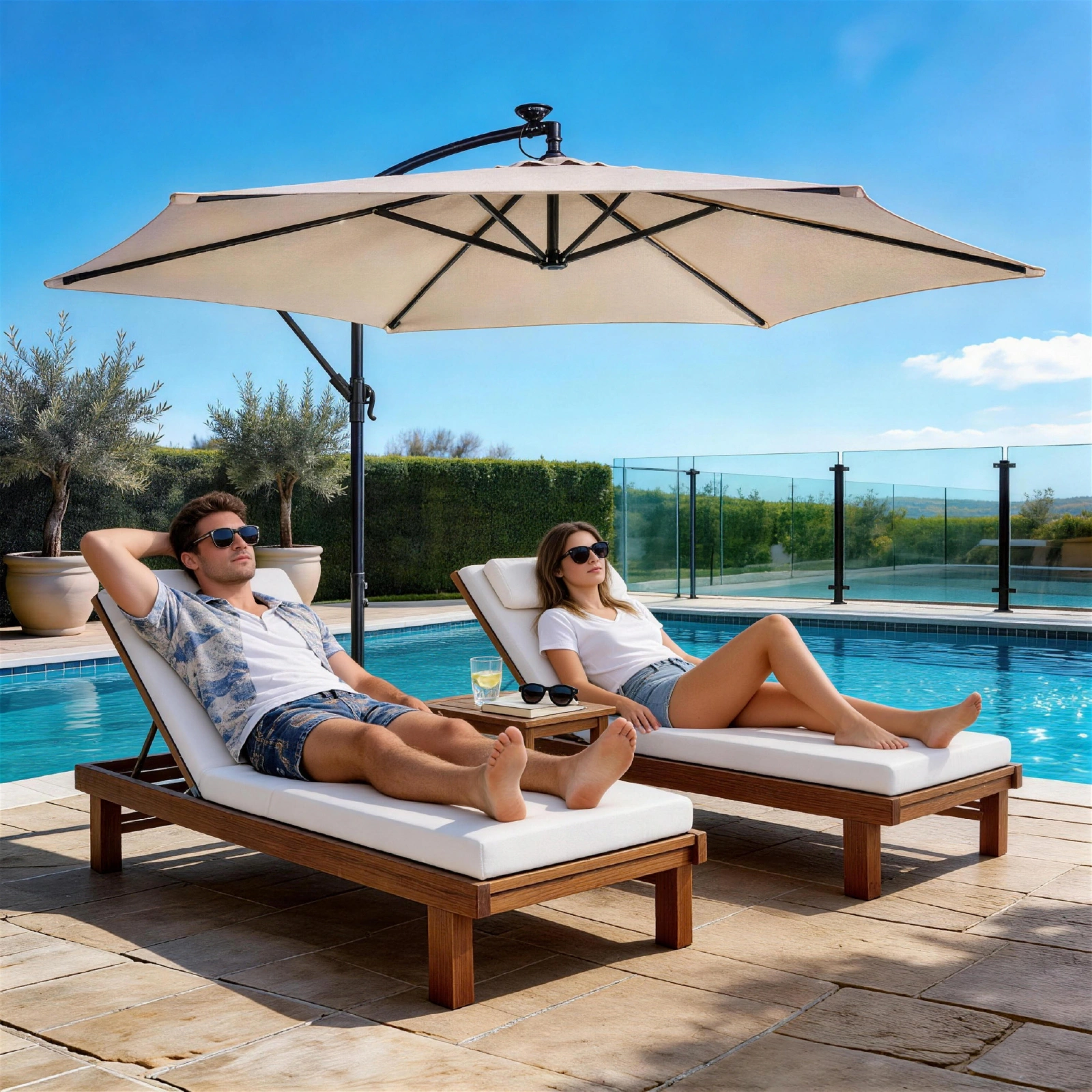 10FT Round Banana Hanging Patio Umbrella with 18 LED Lights, 6 Iron Ribs, Iron Straight & Curved Pole, Waterproof Polyester Canopy, with Stand Sleeve and Cross Base, Khaki view 31