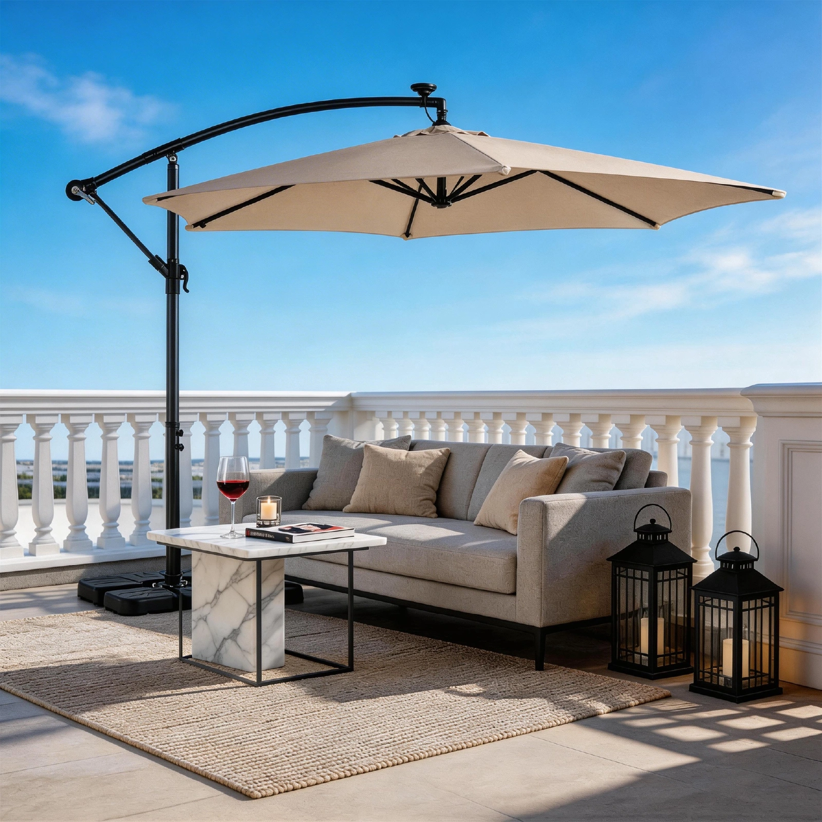10FT Round Banana Hanging Patio Umbrella with 18 LED Lights, 6 Iron Ribs, Iron Straight & Curved Pole, Waterproof Polyester Canopy, with Stand Sleeve and Cross Base, Khaki view 32