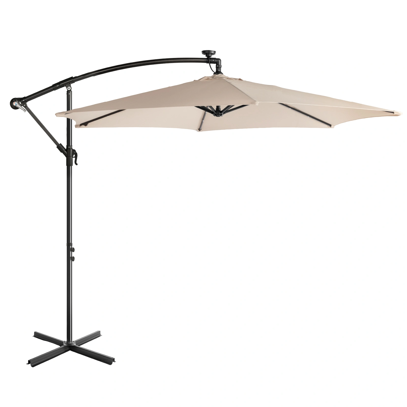 10FT Round Banana Hanging Patio Umbrella with 18 LED Lights, 6 Iron Ribs, Iron Straight & Curved Pole, Waterproof Polyester Canopy, with Stand Sleeve and Cross Base, Khaki view 5