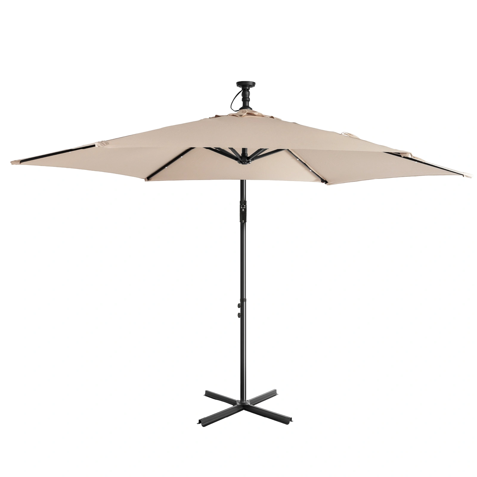 10FT Round Banana Hanging Patio Umbrella with 18 LED Lights, 6 Iron Ribs, Iron Straight & Curved Pole, Waterproof Polyester Canopy, with Stand Sleeve and Cross Base, Khaki view 6