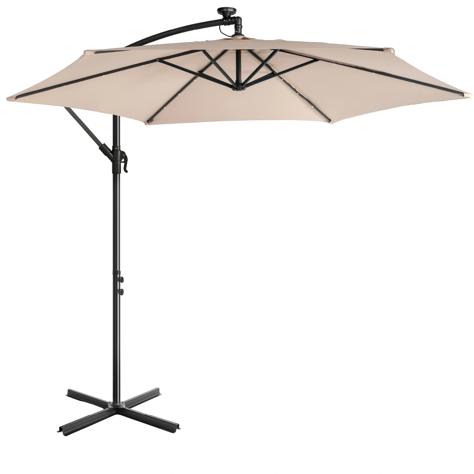 10FT Round Banana Hanging Patio Umbrella with 18 LED Lights, 6 Iron Ribs, Iron Straight & Curved Pole, Waterproof Polyester Canopy, with Stand Sleeve and Cross Base, Khaki view 7