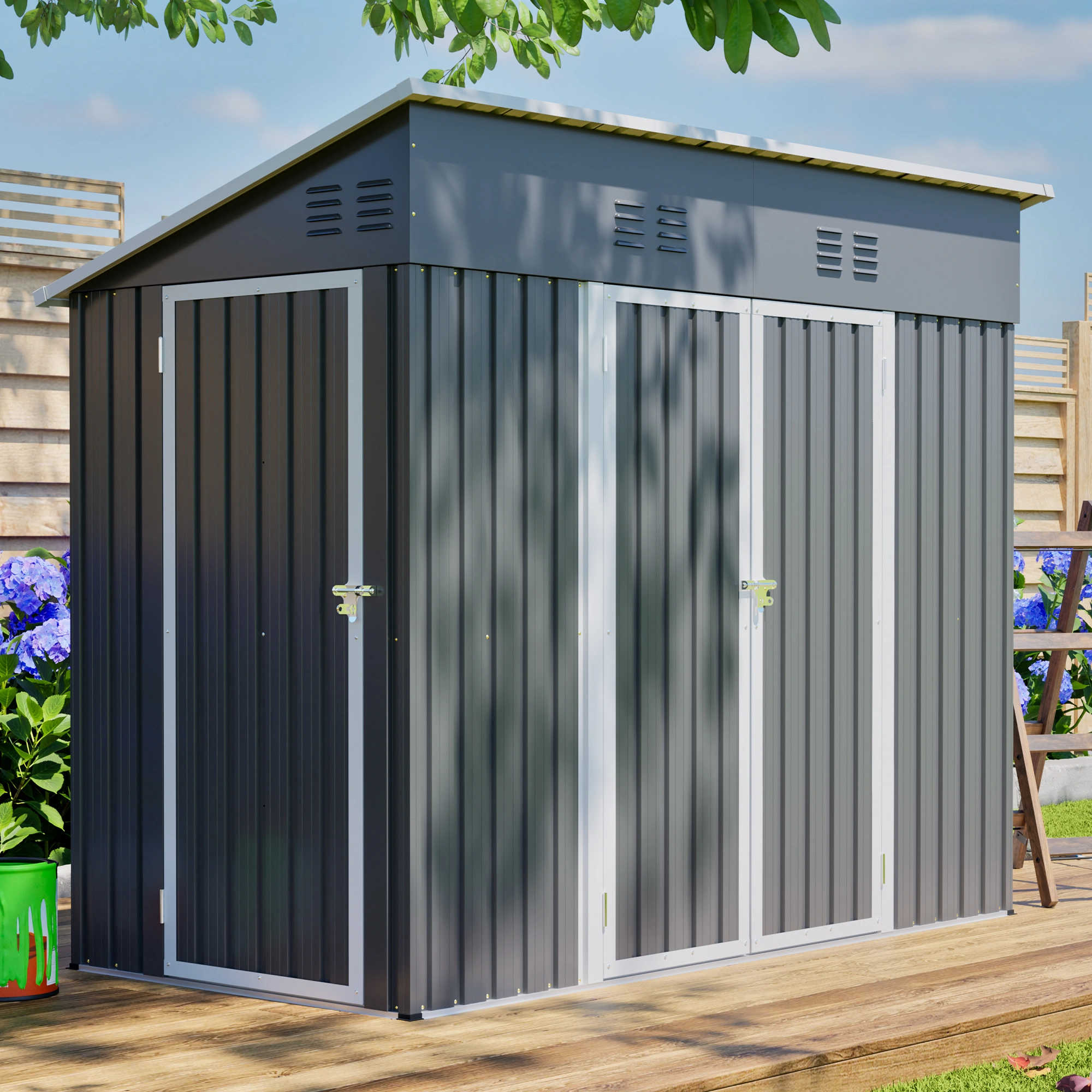 8x4 FT Metal 3-Door Storage Shed, Outdoor Garden Tool Shed with Sloping Roof, Waterproof UV Resistant, 4 Air Vents, 2 Locks, Gloves & Ground Nails Included, Yard Patio Equipment