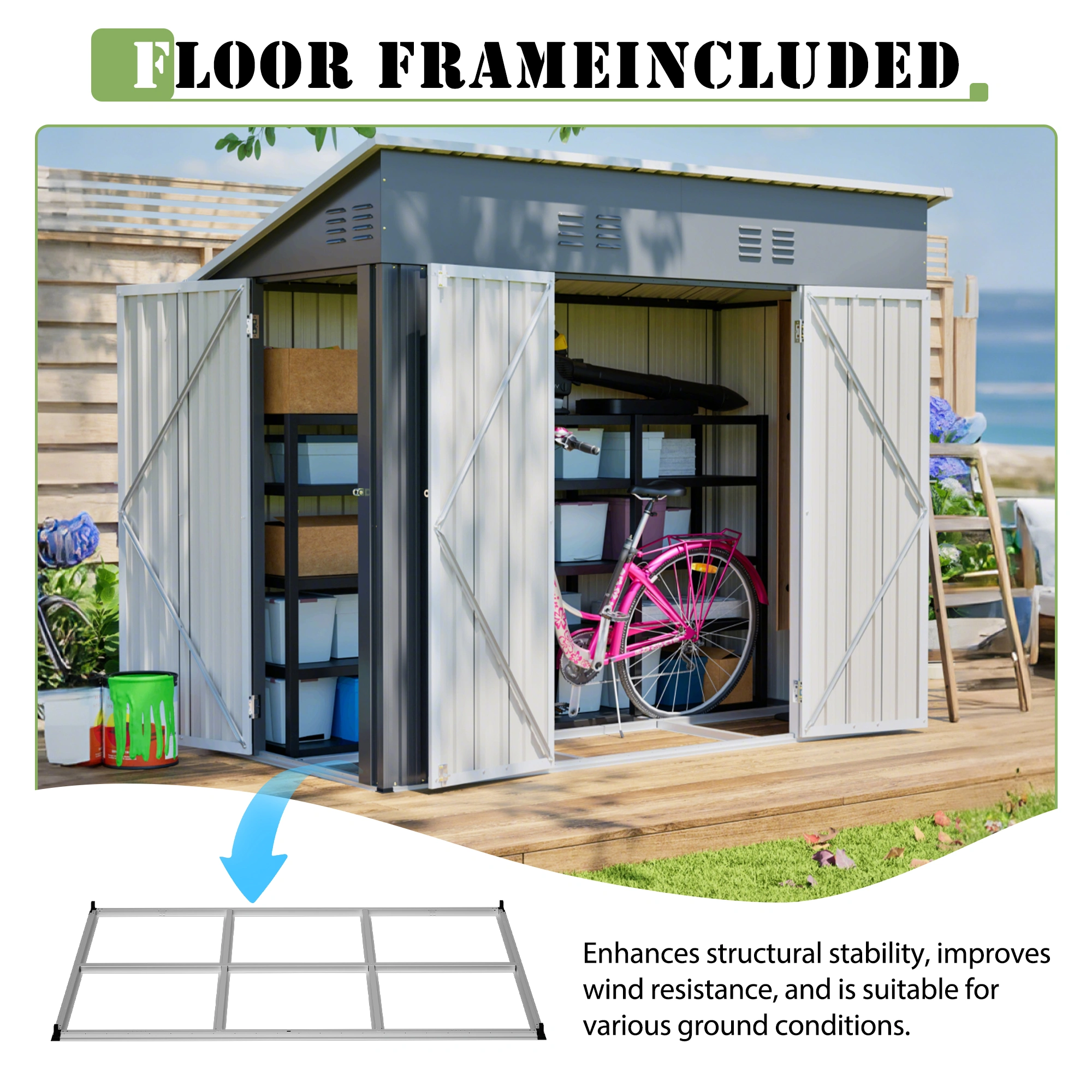 8x4 FT Metal 3-Door Storage Shed, Outdoor Garden Tool Shed with Sloping Roof, Waterproof UV Resistant, 4 Air Vents, 2 Locks, Gloves & Ground Nails Included, Yard Patio Equipment view 3