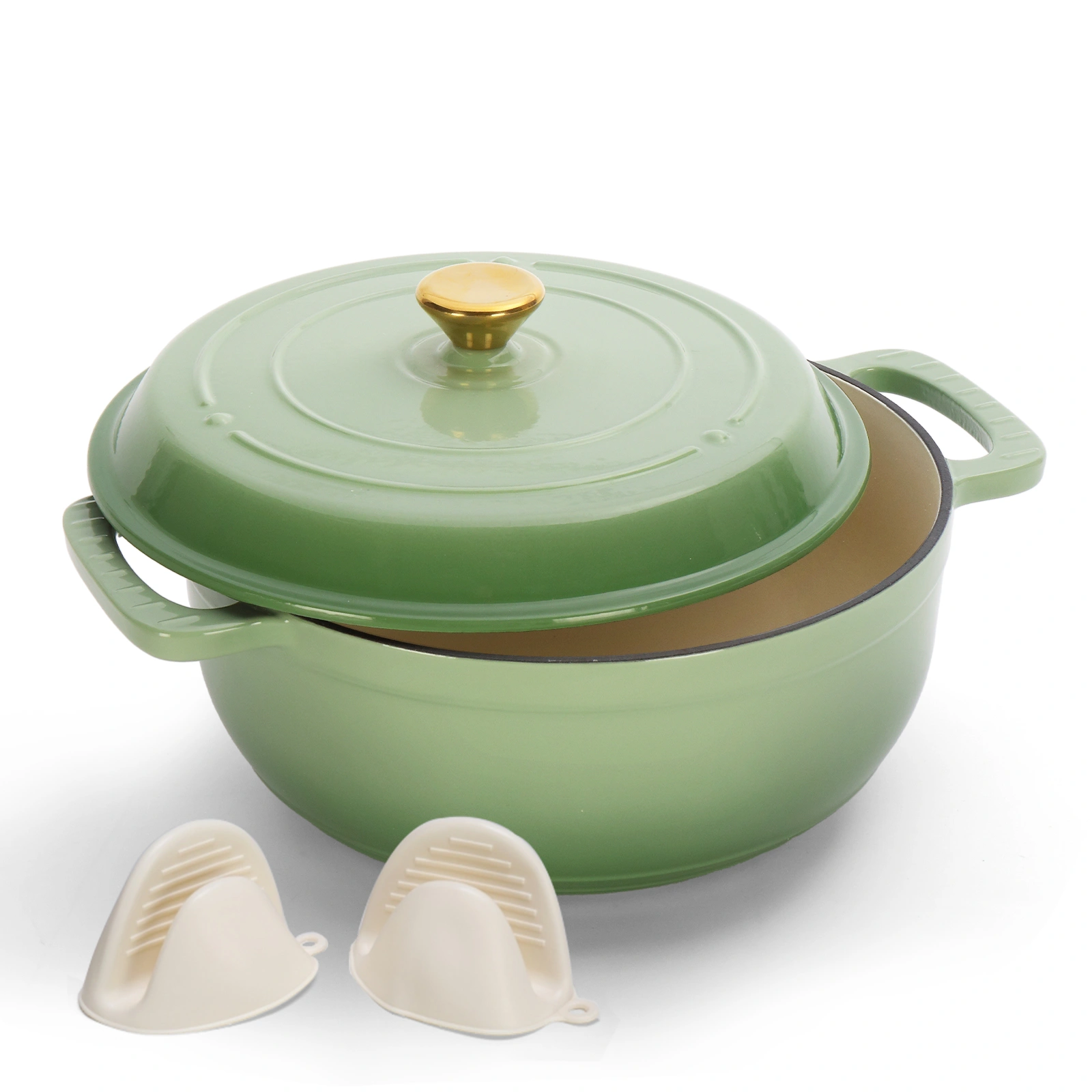 5QT Cast Iron Enamel Cooking Pot, Gradient Green Dutch Oven with 2 Silicone Gloves, Enameled Pot for Stovetop & Oven Use view 5