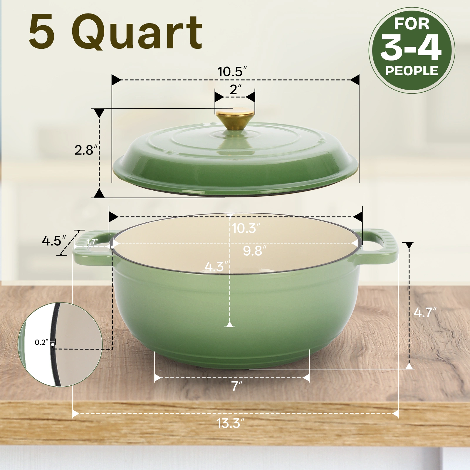 5QT Cast Iron Enamel Cooking Pot, Gradient Green Dutch Oven with 2 Silicone Gloves, Enameled Pot for Stovetop & Oven Use view 6