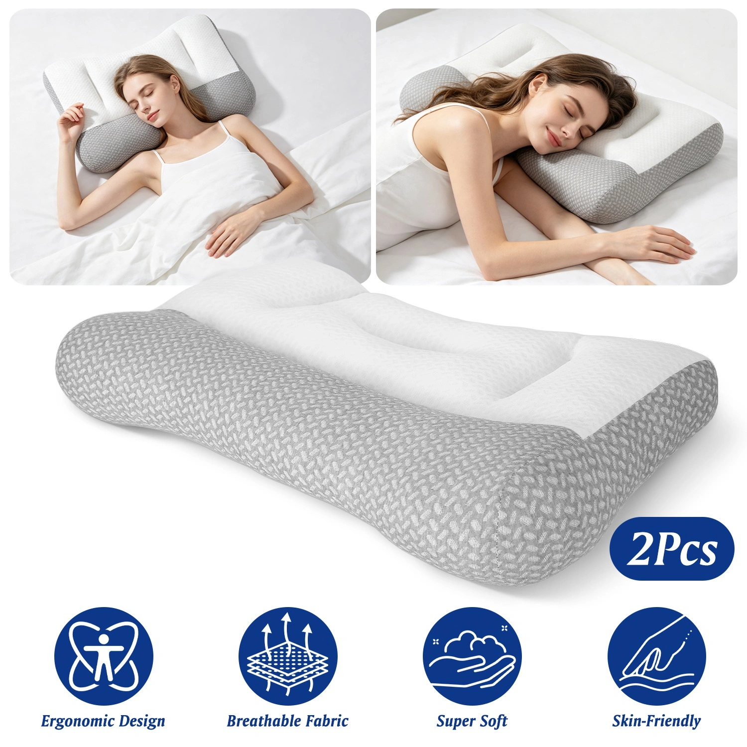 2-Pack Dual Zone Support Pillow for Side Sleepers, Ergonomic Neck Pillow with Ear Cutout, Breathable Mesh Cover, Down Alternative Fiber Filling for Home Bedroom