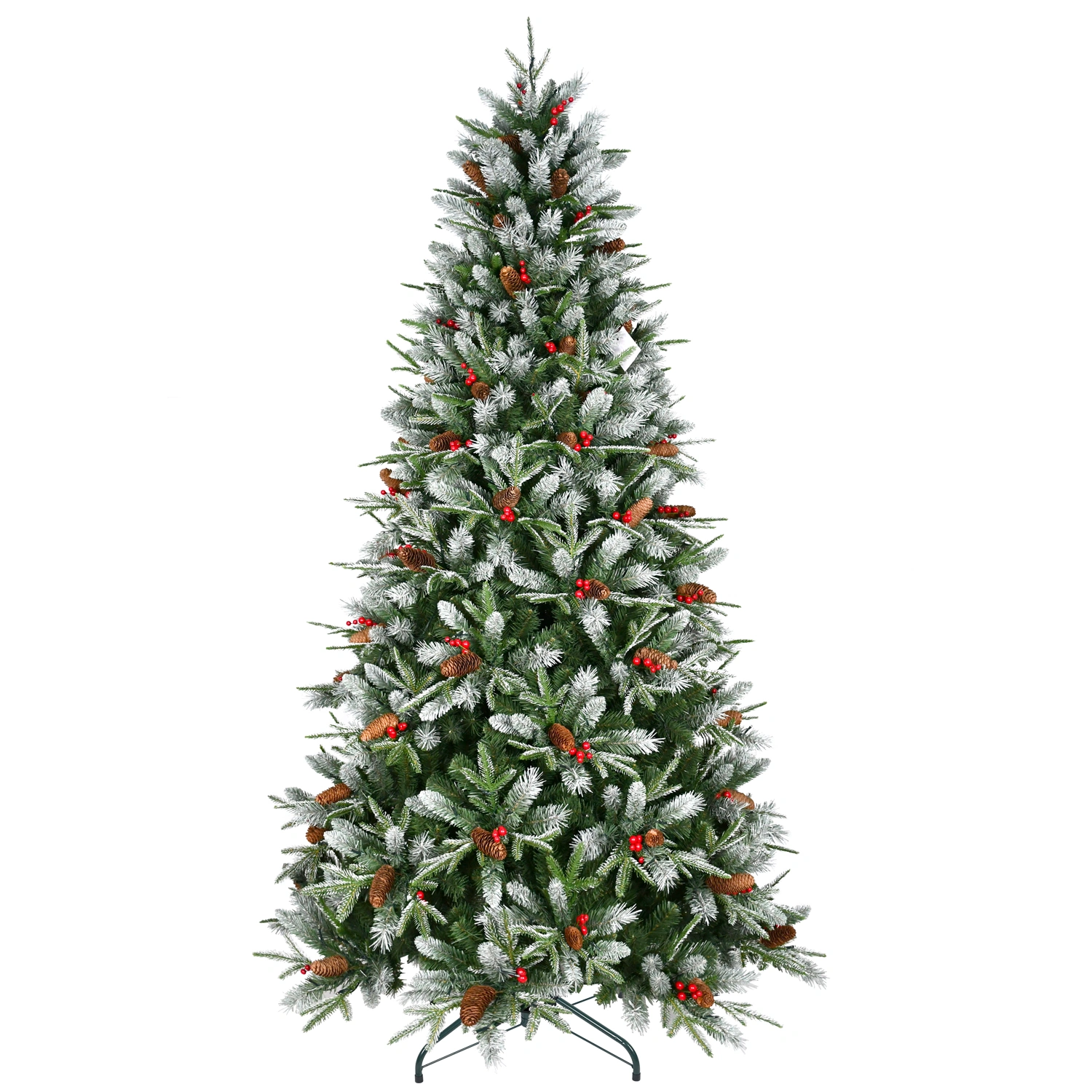 5ft Artificial Christmas Tree Green 1113 PE/PVC Mixed Branch Tips Red Fruit Pine Cone Hinged Foldable Base Indoor Decor