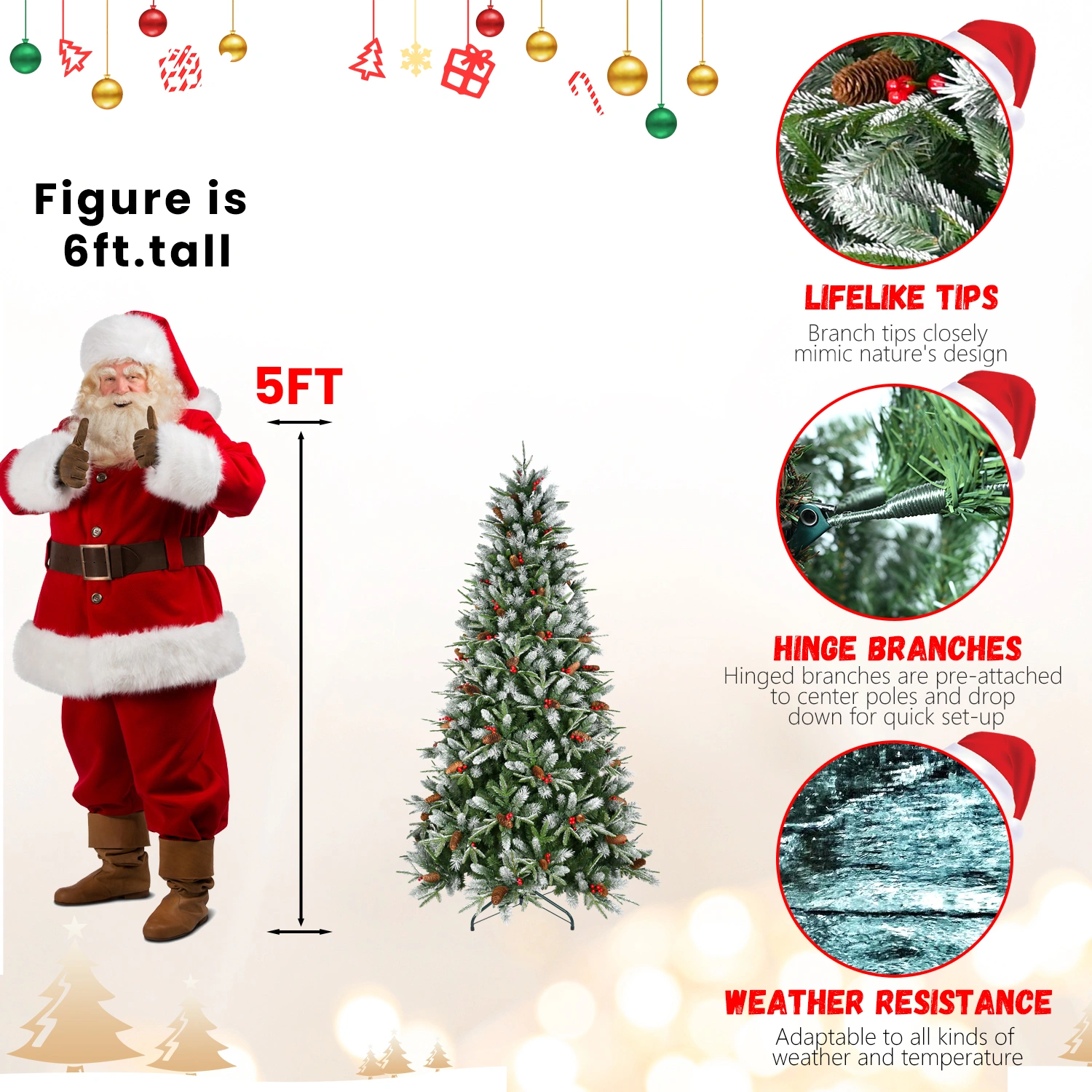 5ft Artificial Christmas Tree Green 1113 PE/PVC Mixed Branch Tips Red Fruit Pine Cone Hinged Foldable Base Indoor Decor view 2