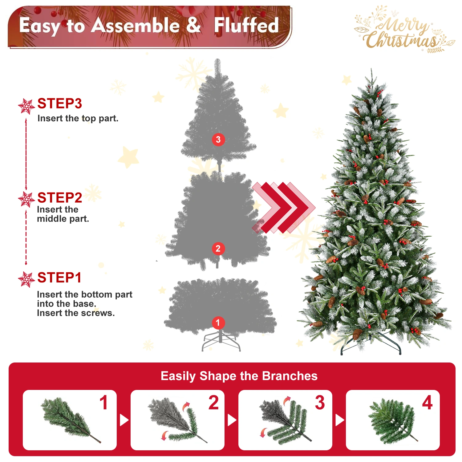 5ft Artificial Christmas Tree Green 1113 PE/PVC Mixed Branch Tips Red Fruit Pine Cone Hinged Foldable Base Indoor Decor view 3