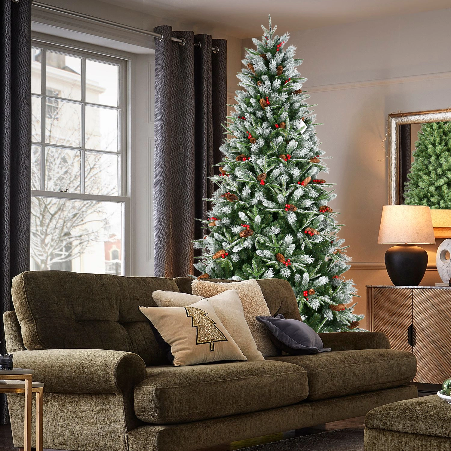 5ft Artificial Christmas Tree Green 1113 PE/PVC Mixed Branch Tips Red Fruit Pine Cone Hinged Foldable Base Indoor Decor view 4