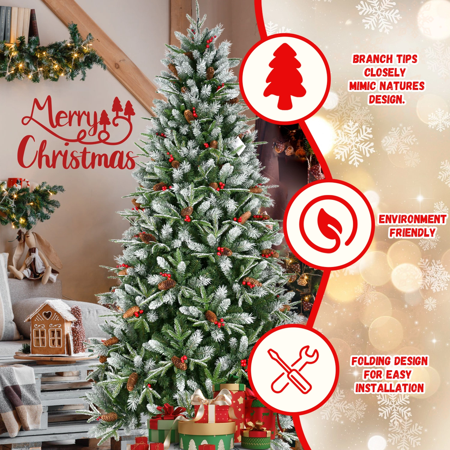 5ft Artificial Christmas Tree Green 1113 PE/PVC Mixed Branch Tips Red Fruit Pine Cone Hinged Foldable Base Indoor Decor view 5