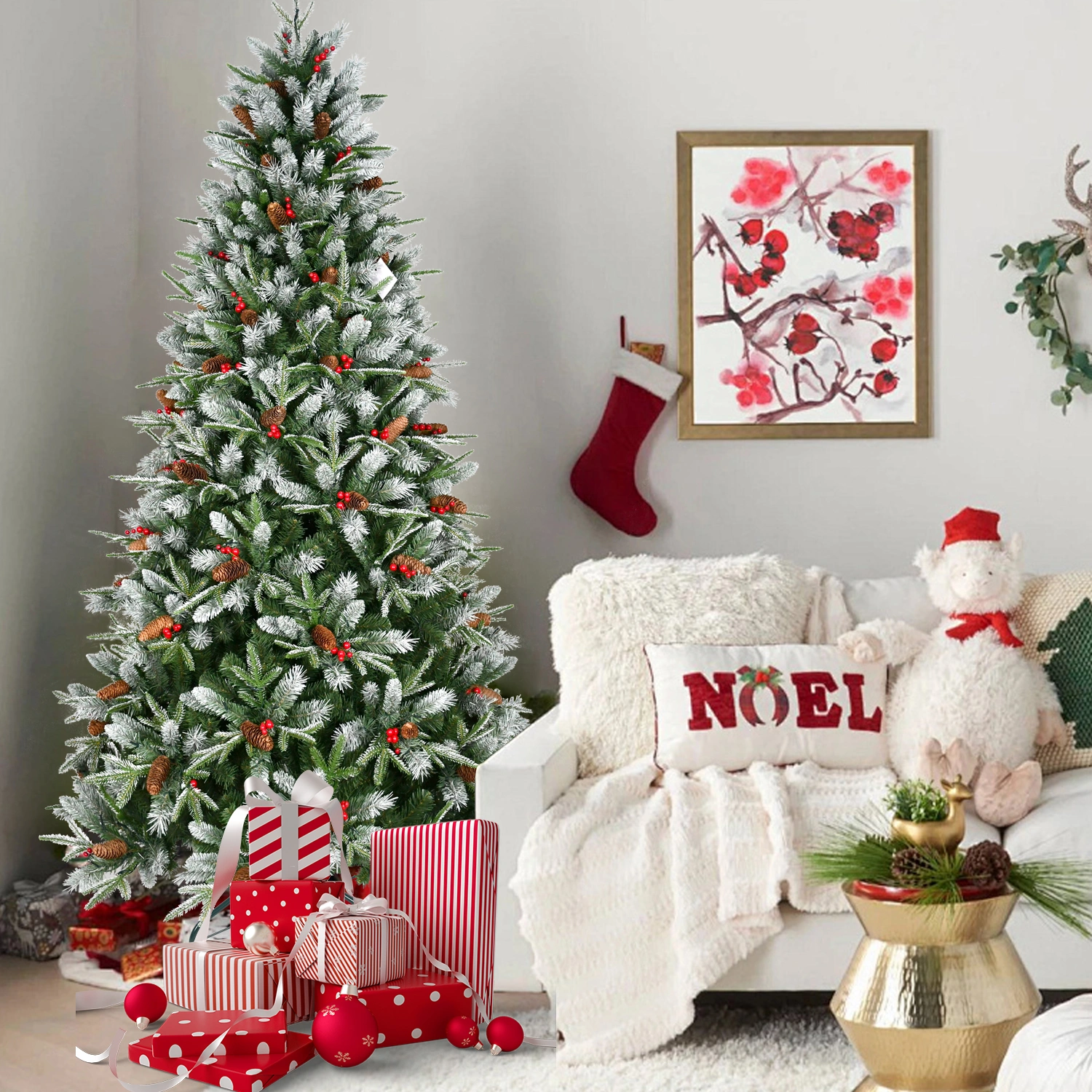 5ft Artificial Christmas Tree Green 1113 PE/PVC Mixed Branch Tips Red Fruit Pine Cone Hinged Foldable Base Indoor Decor view 6