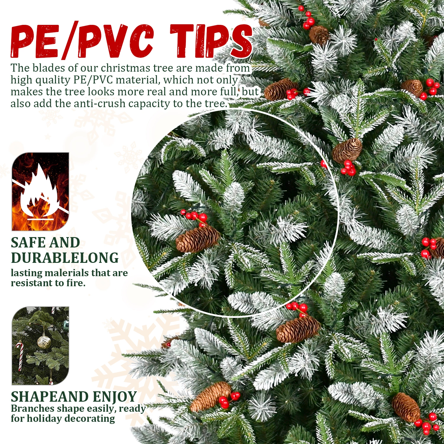 5ft Artificial Christmas Tree Green 1113 PE/PVC Mixed Branch Tips Red Fruit Pine Cone Hinged Foldable Base Indoor Decor view 7