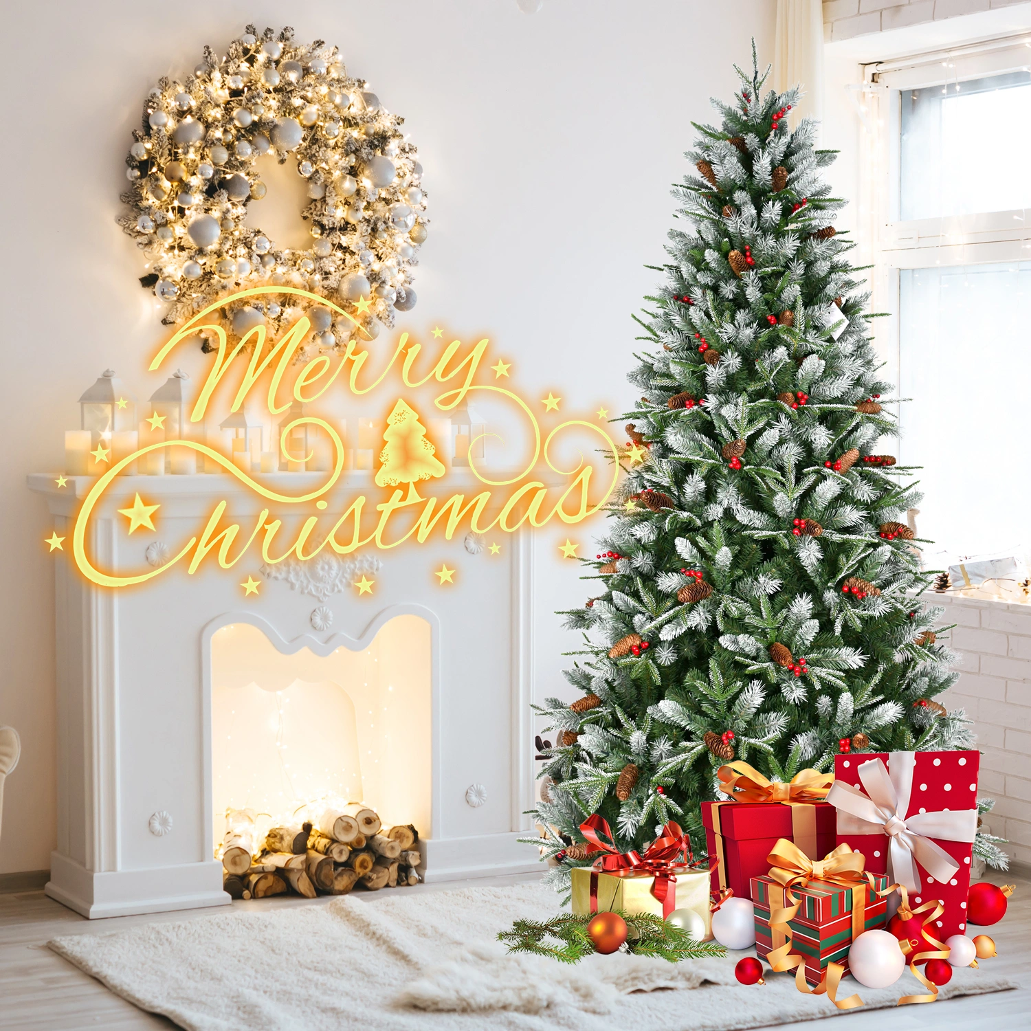 5ft Artificial Christmas Tree Green 1113 PE/PVC Mixed Branch Tips Red Fruit Pine Cone Hinged Foldable Base Indoor Decor view 8