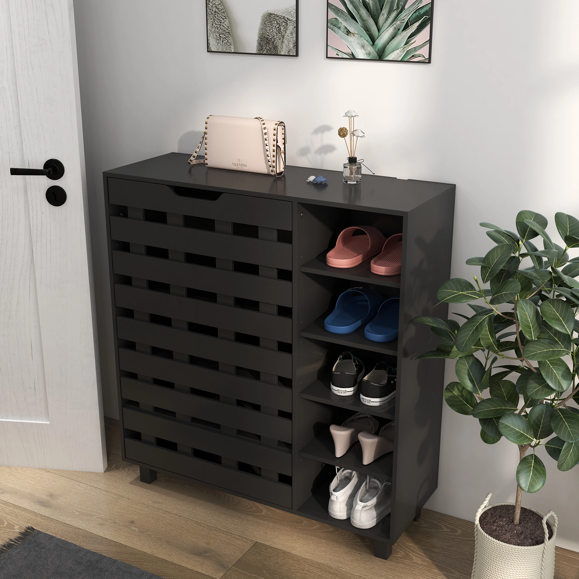 Tall Shoe Storage Cabinet - 4-Tier Entryway Organizer with Adjustable Shelves, Black Metal Frame