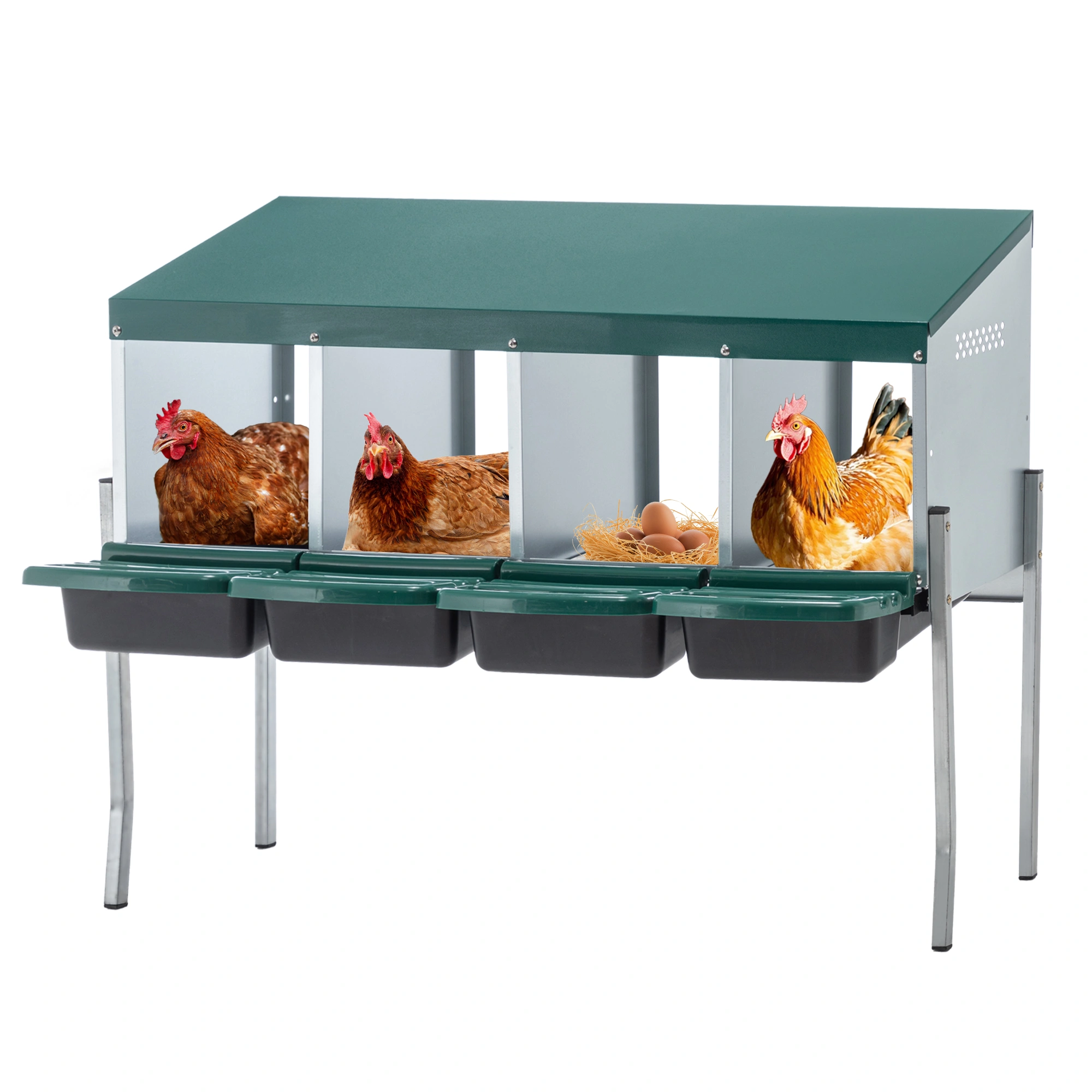 4-Hole Chicken Nesting Box with Stand Legs & Egg Guard Cover, Green Hen Nest Box for Coop