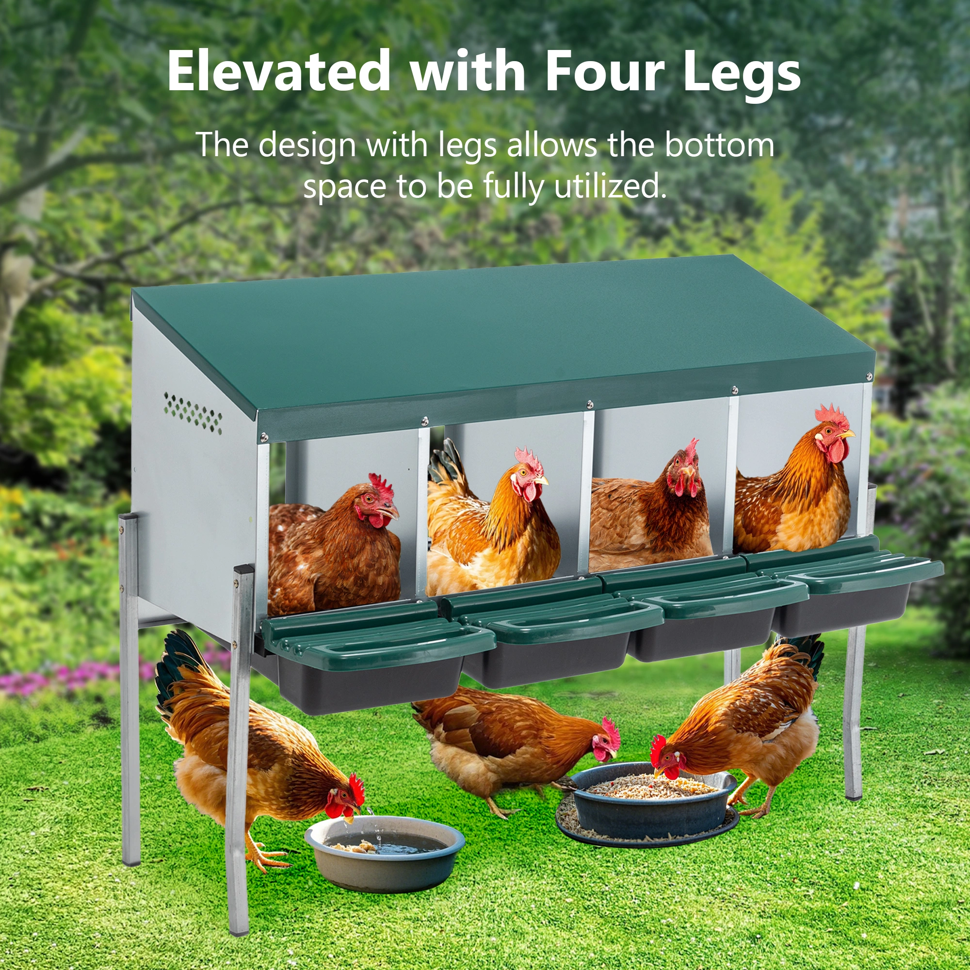 4-Hole Chicken Nesting Box with Stand Legs & Egg Guard Cover, Green Hen Nest Box for Coop view 4