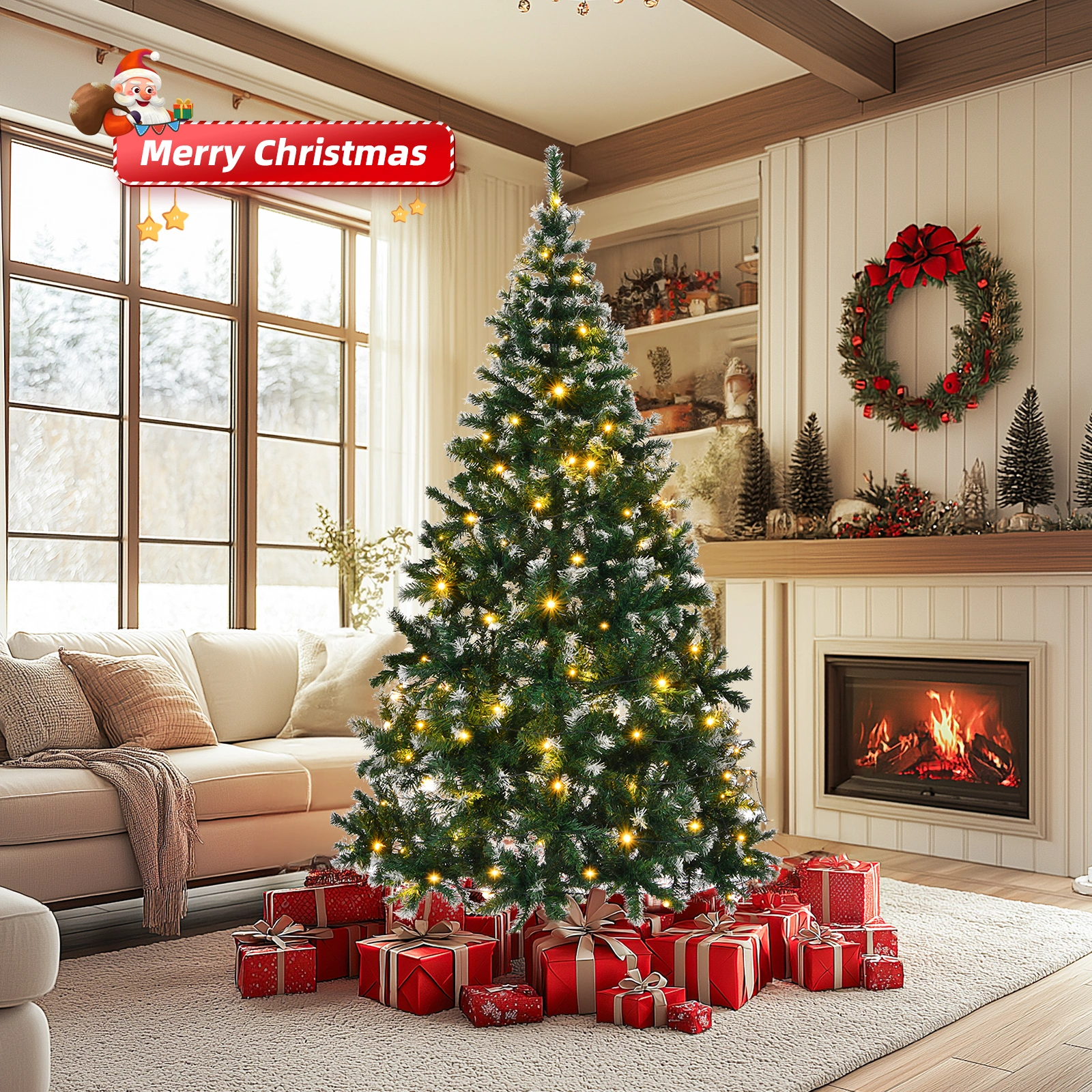 7 FT Snow Tipped Artificial Christmas Tree with DIY 150 Warm Lights, Remote Control, 1100 Branch Tips and Sturdy Metal Stand, Green & Snow Tipped view 9