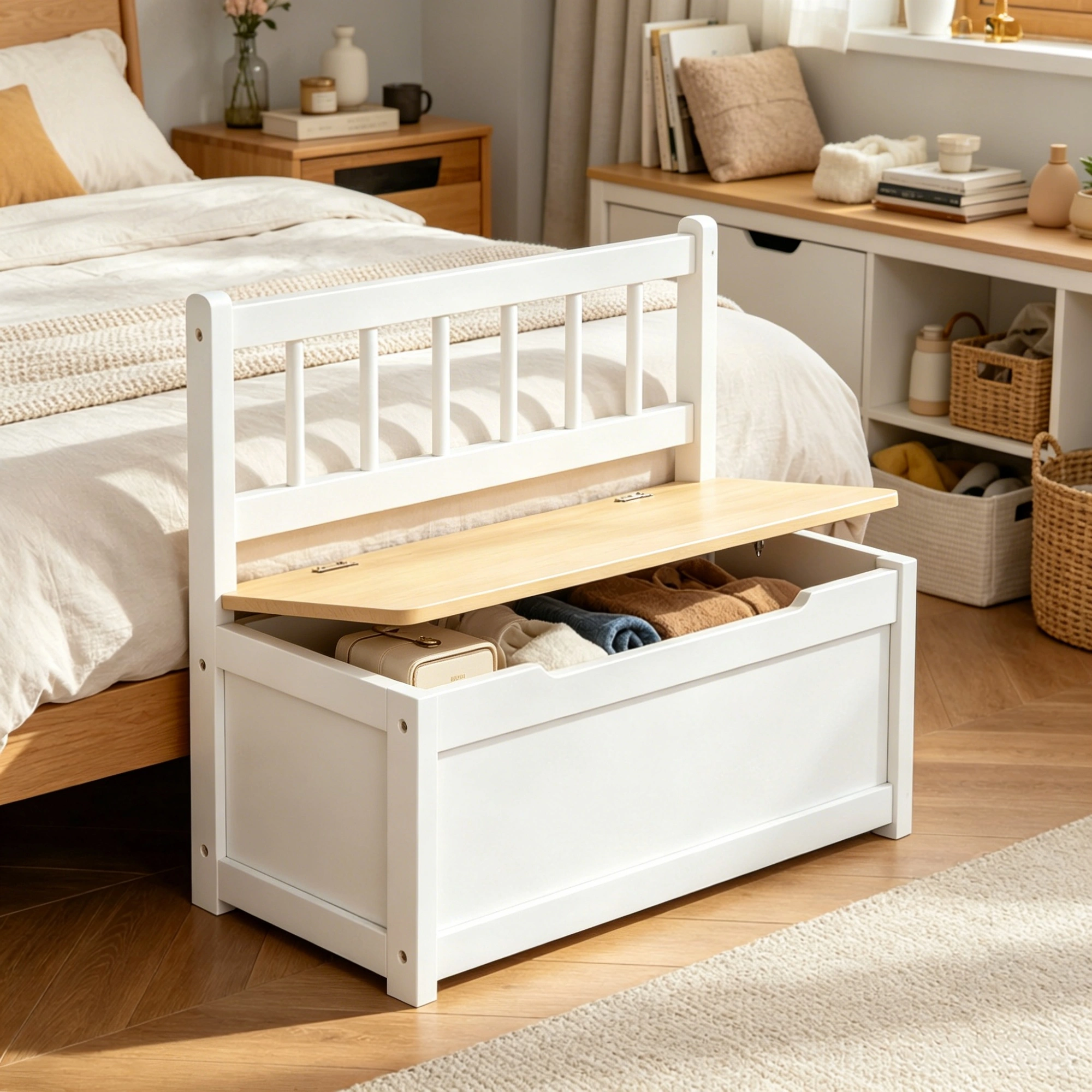 White Wooden Toy Organizer Chest with Seat Bench, 2-in-1 Storage Box, Safety Pneumatic Lift, Cube Cabinet