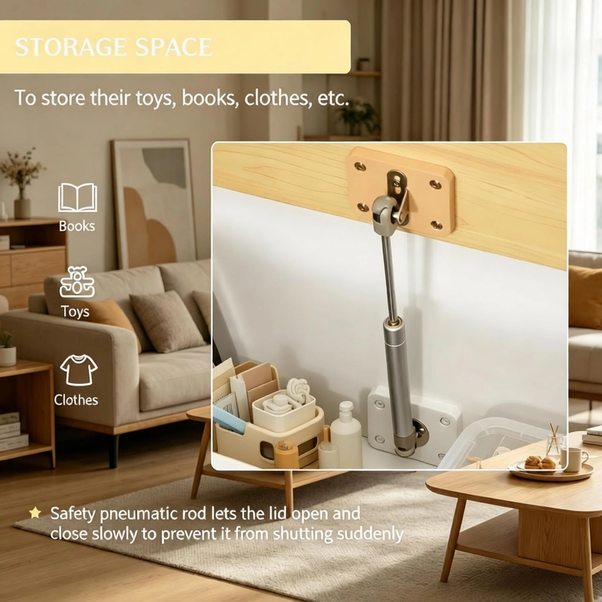 White Wooden Toy Organizer Chest with Seat Bench, 2-in-1 Storage Box, Safety Pneumatic Lift, Cube Cabinet view 4