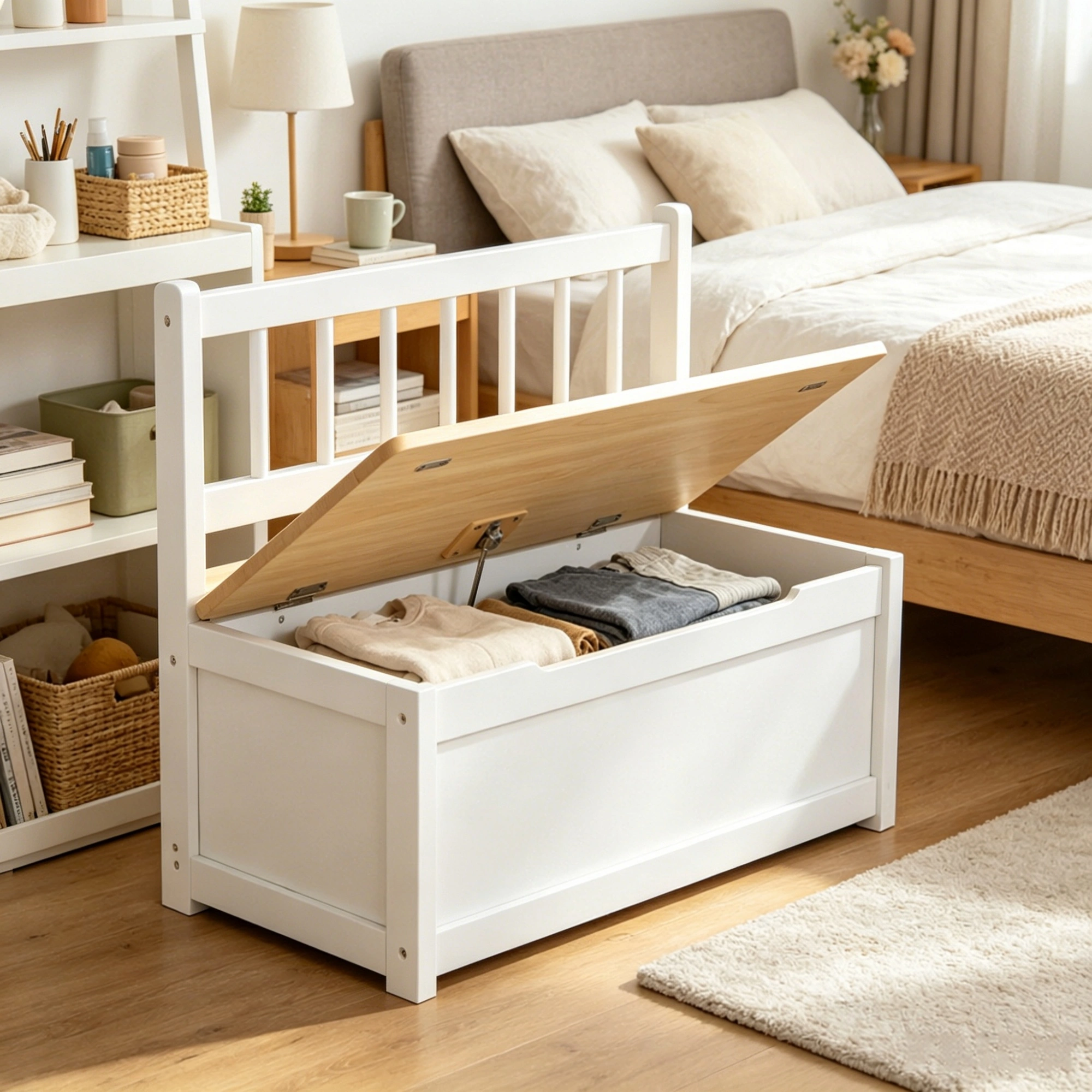 White Wooden Toy Organizer Chest with Seat Bench, 2-in-1 Storage Box, Safety Pneumatic Lift, Cube Cabinet view 5