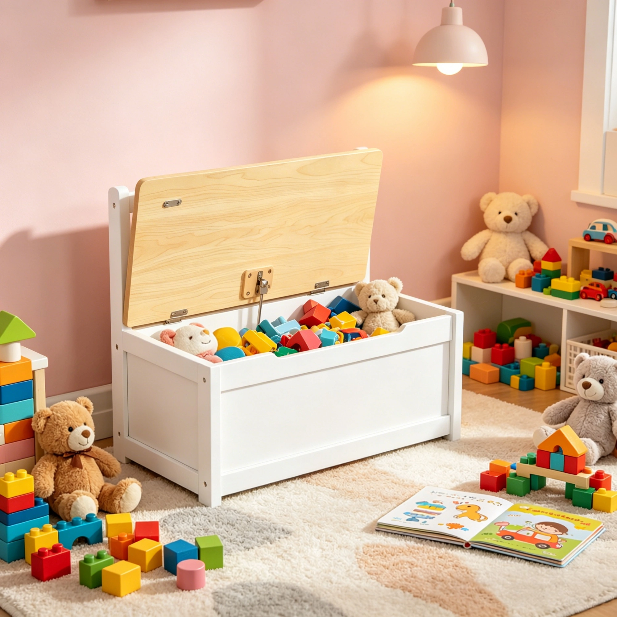 White Wooden Toy Organizer Chest with Seat Bench, 2-in-1 Storage Box, Safety Pneumatic Lift, Cube Cabinet view 6