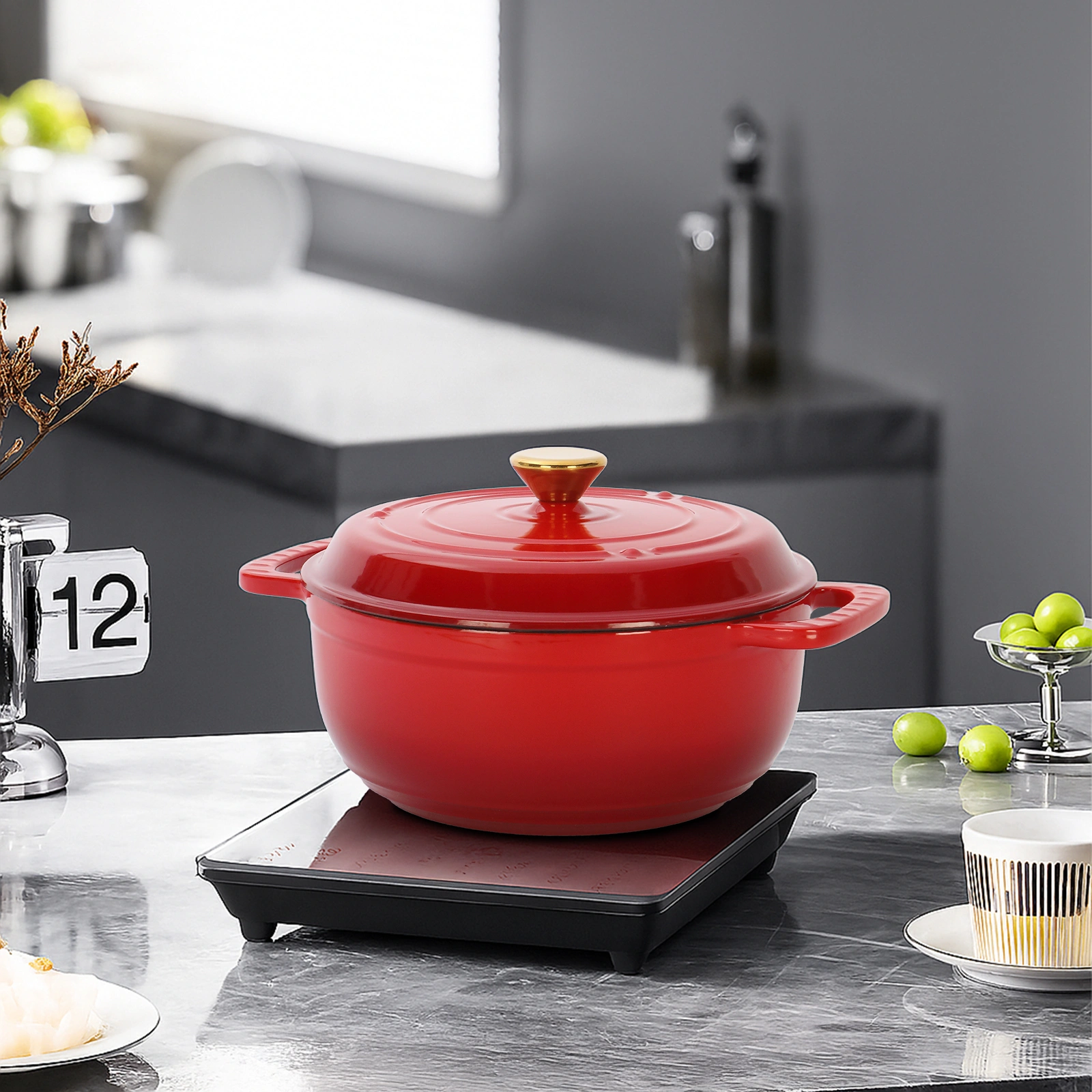 Cast iron 7.5QT cooking pot - Gradient red color - Includes two silicone gloves - Enamel pot view 11