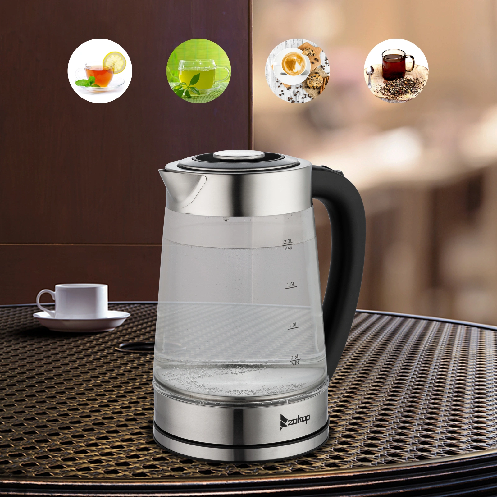 HD-250 Electric Kettle 2L Blue Glass 2000W 220V Fast Boiling Water Heater view 12