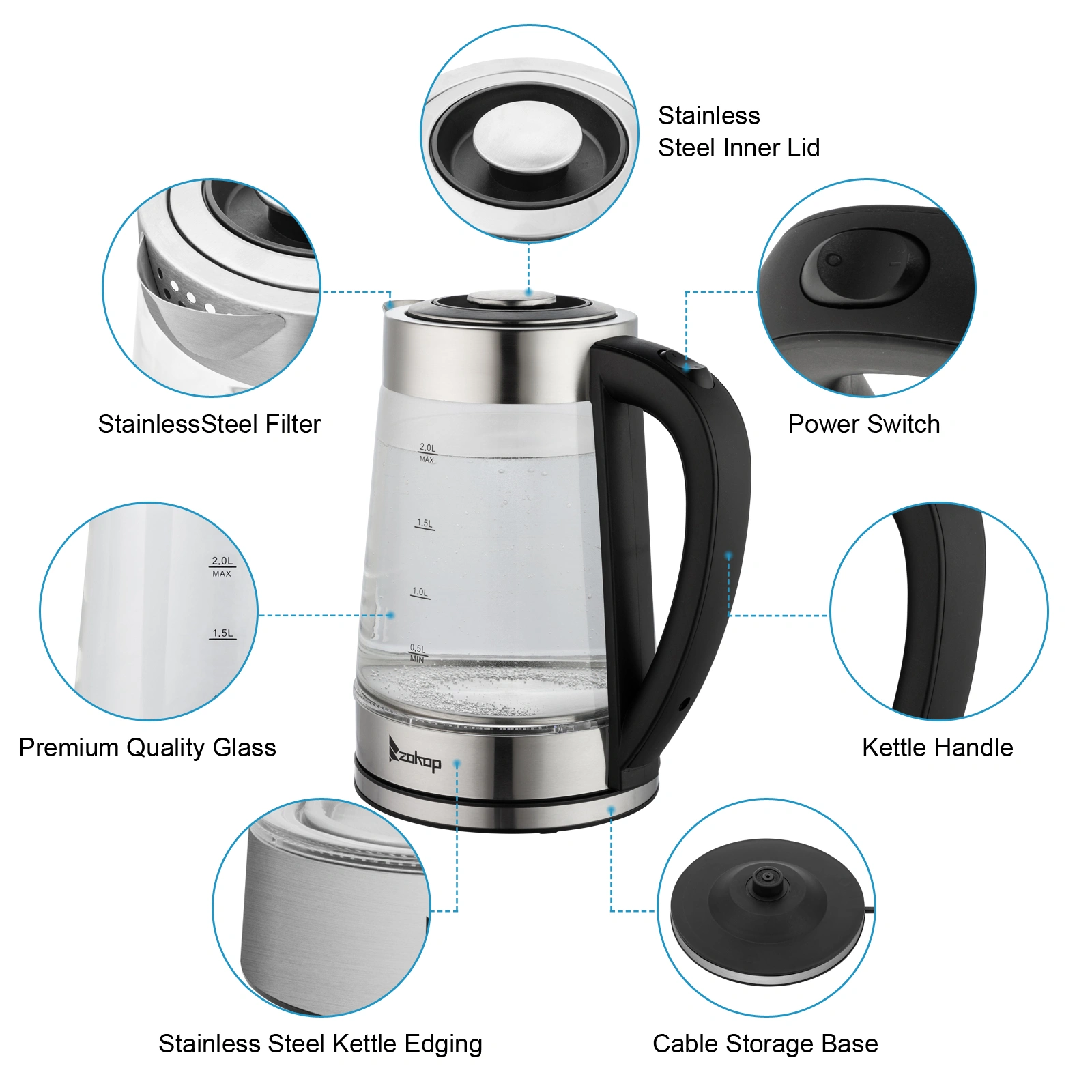 HD-250 Electric Kettle 2L Blue Glass 2000W 220V Fast Boiling Water Heater view 2
