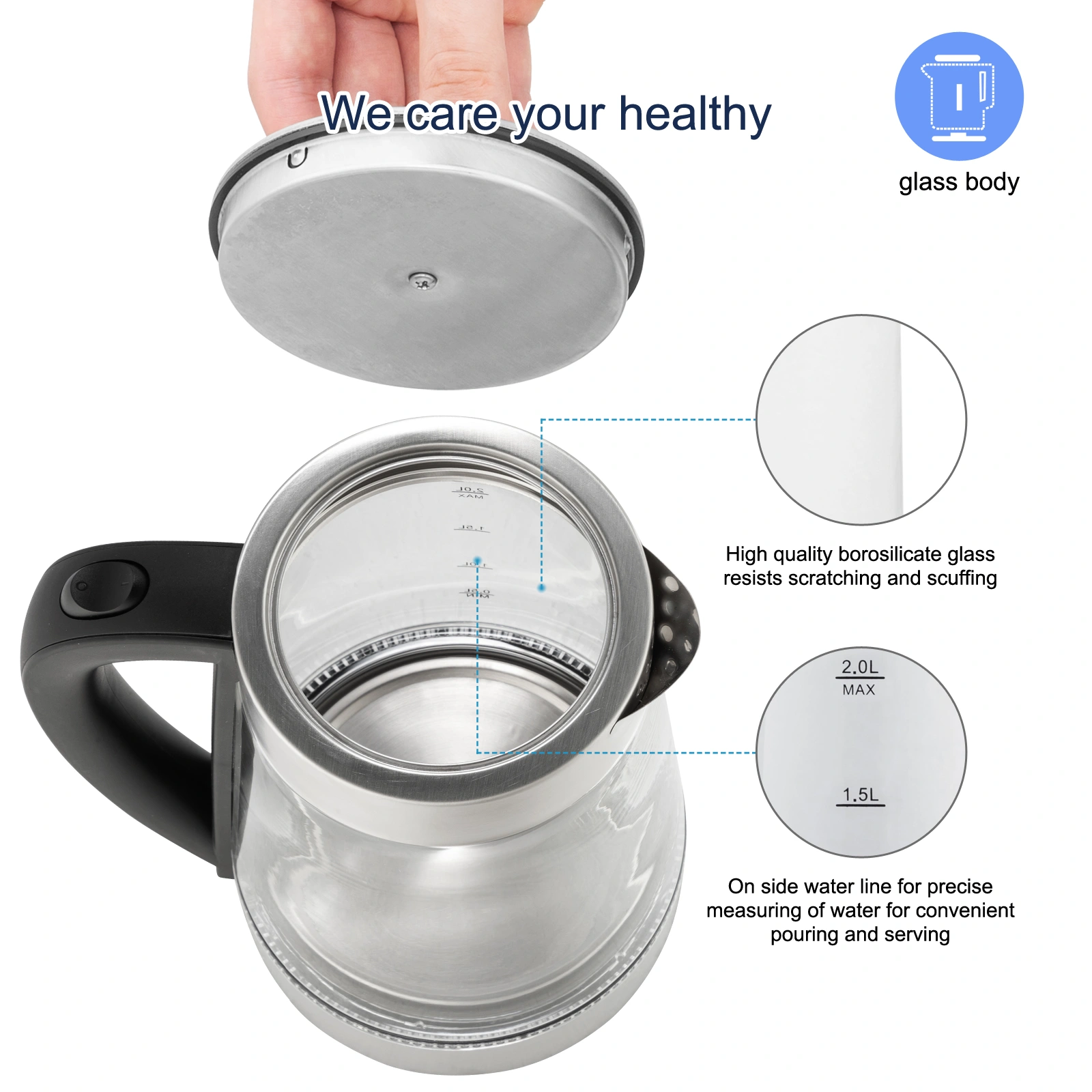 HD-250 Electric Kettle 2L Blue Glass 2000W 220V Fast Boiling Water Heater view 3