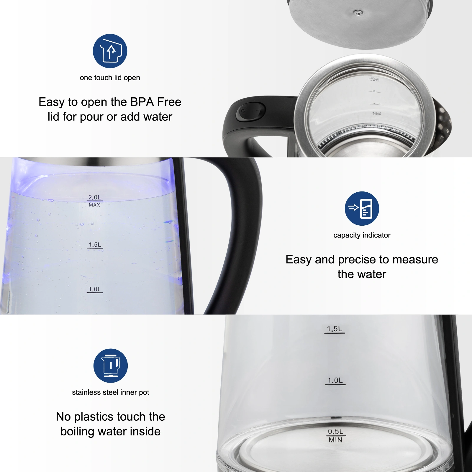 HD-250 Electric Kettle 2L Blue Glass 2000W 220V Fast Boiling Water Heater view 6