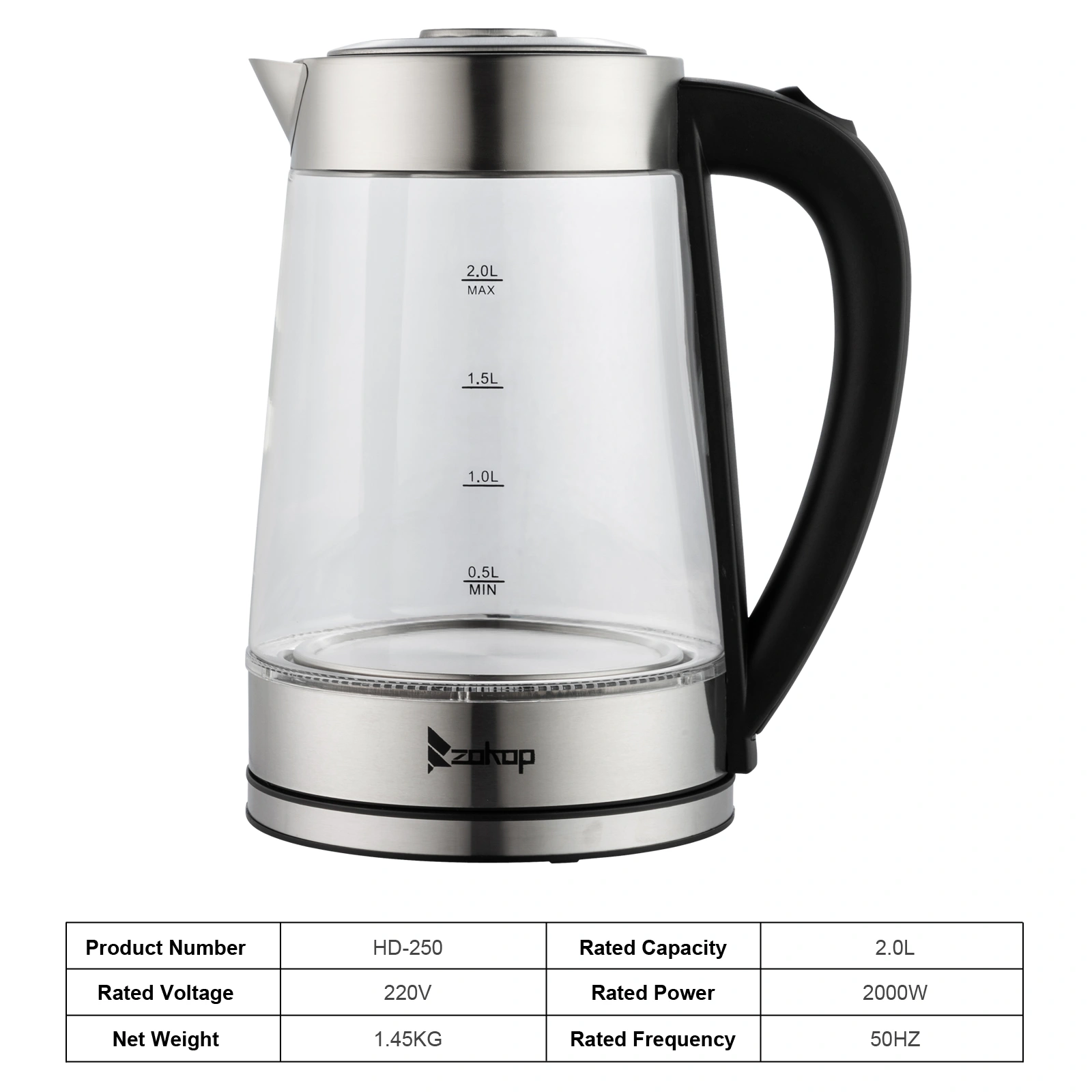 HD-250 Electric Kettle 2L Blue Glass 2000W 220V Fast Boiling Water Heater view 7