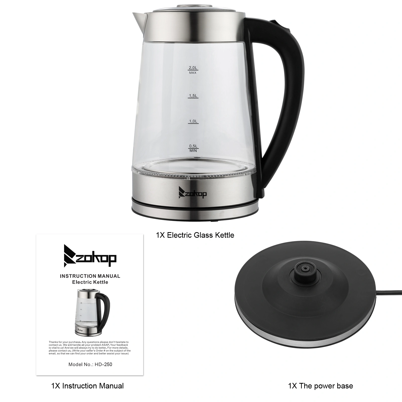 HD-250 Electric Kettle 2L Blue Glass 2000W 220V Fast Boiling Water Heater view 8