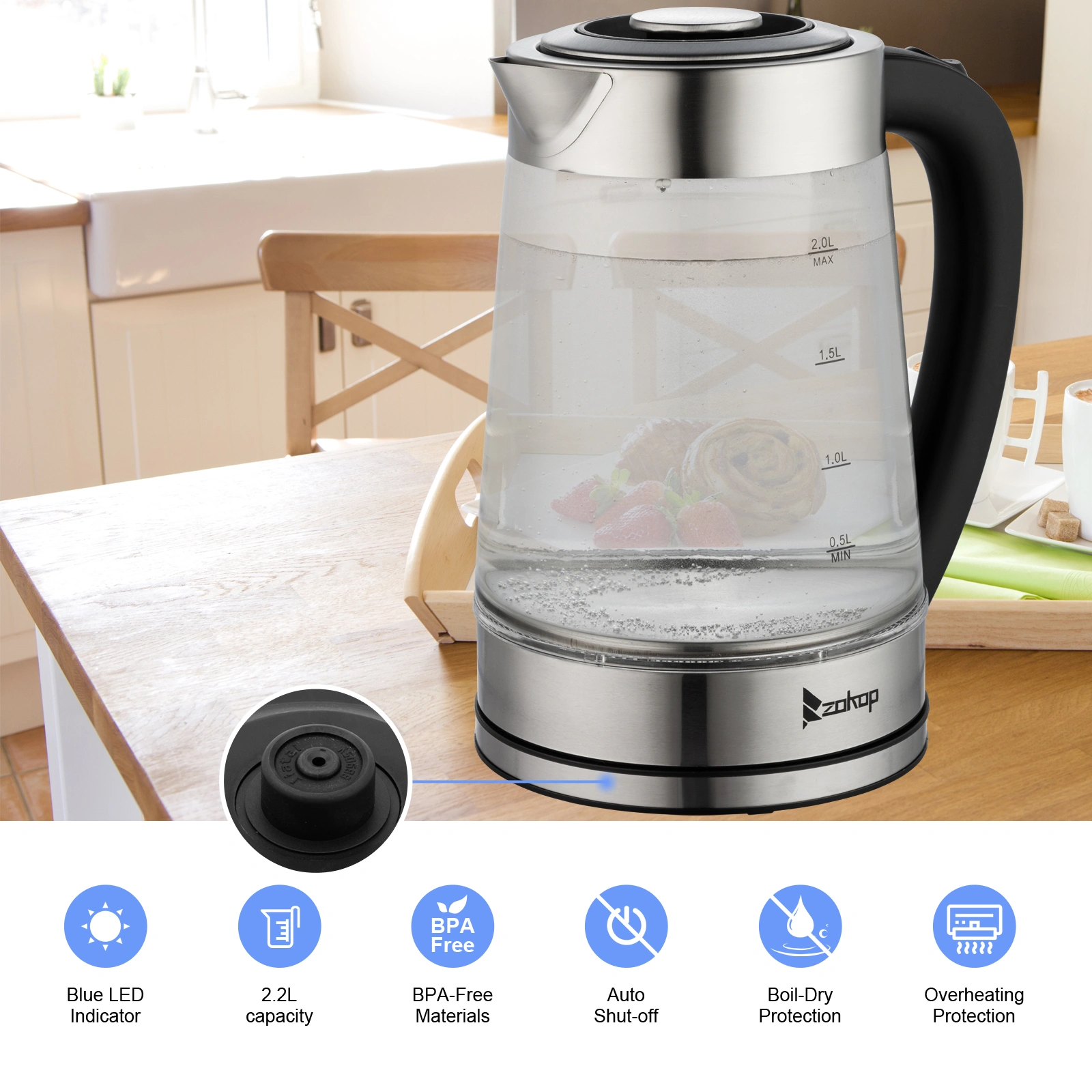HD-250 Electric Kettle 2L Blue Glass 2000W 220V Fast Boiling Water Heater view 9
