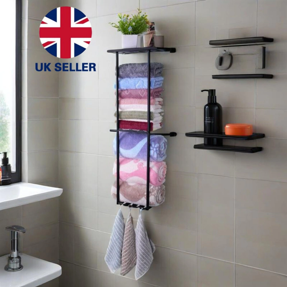 Wall Mounted Towel Rack with Metal Shelf - Bathroom Towel Organizer and Storage Holder for Home and Hotel view 2