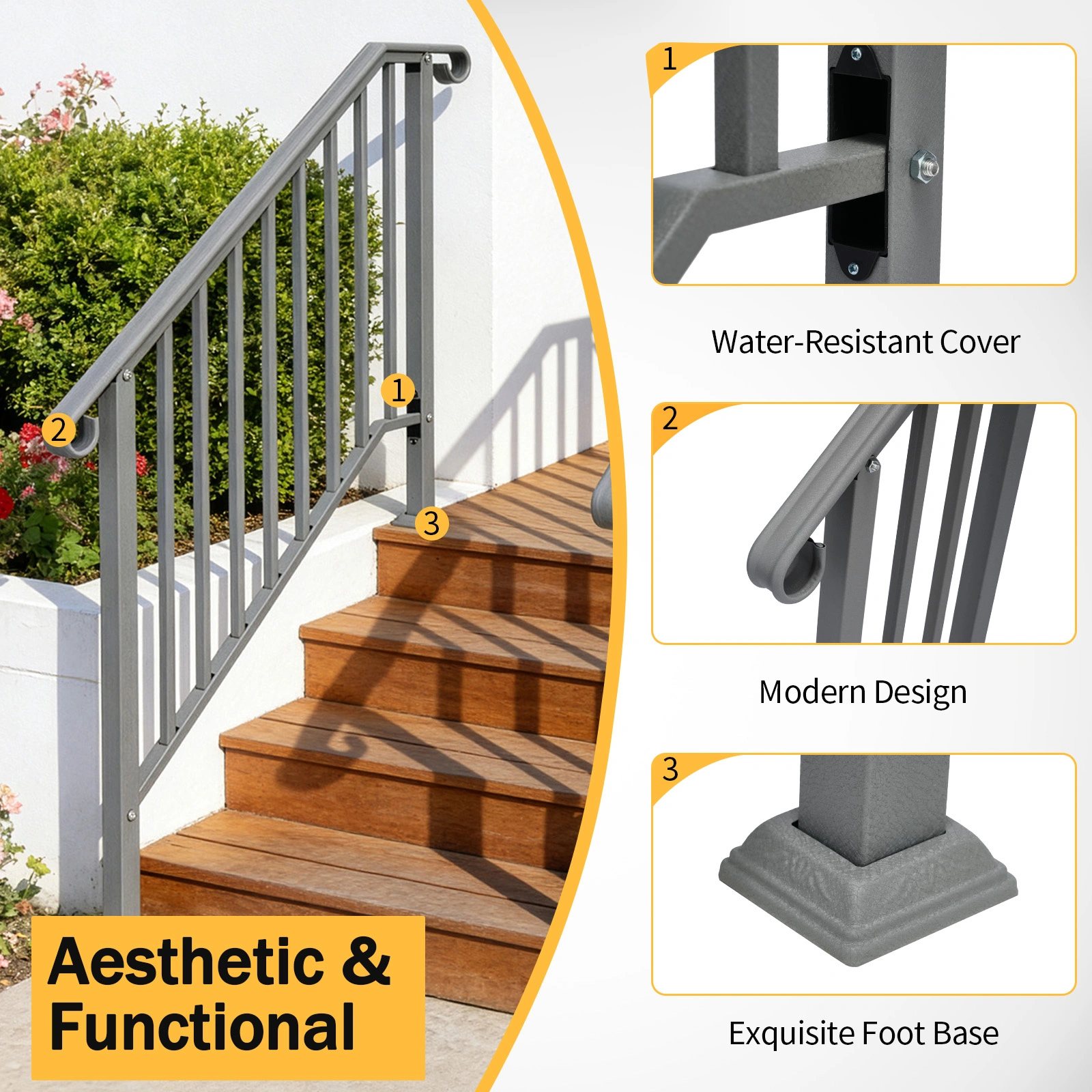 Silver Outdoor 3-Step Iron Handrail view 10