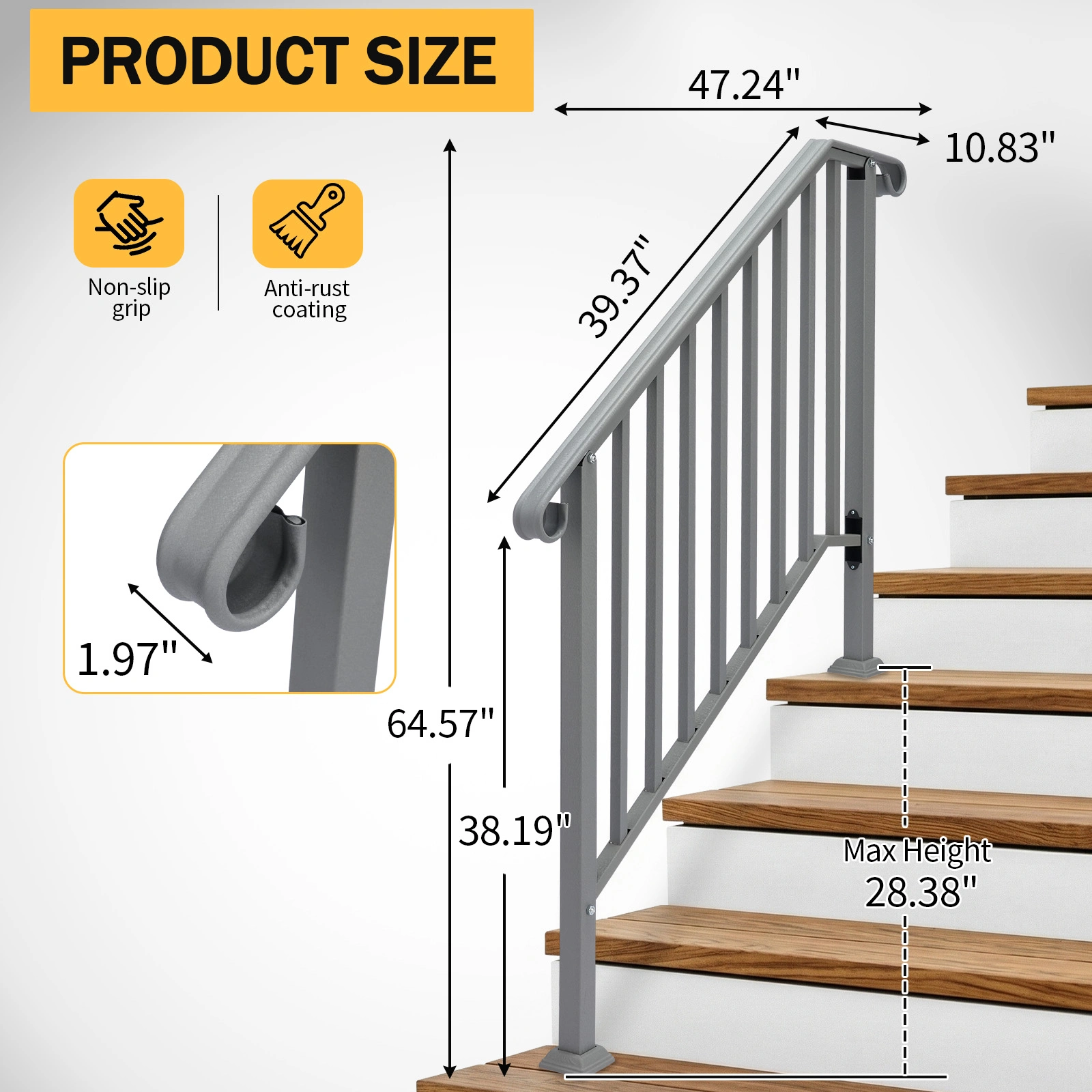 Silver Outdoor 3-Step Iron Handrail view 6