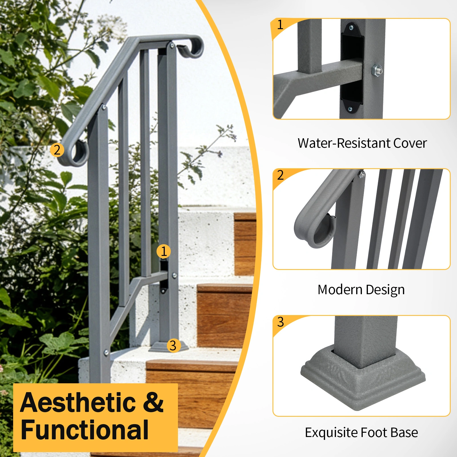 Handrails for Outdoor Steps, Iron Handrail Fits 1 Step, Transitional Handrail with Installation Kit, Silver view 10