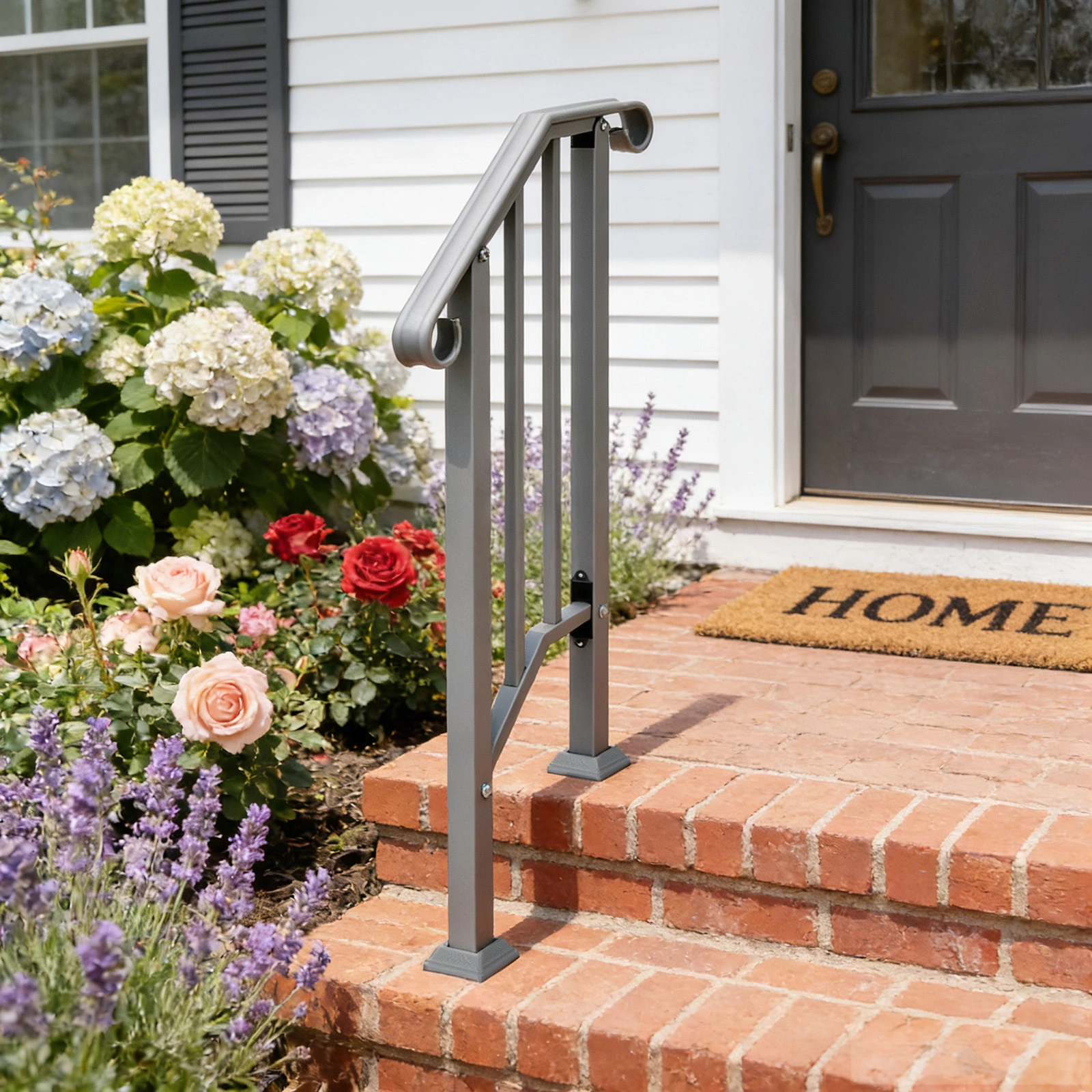 Handrails for Outdoor Steps, Iron Handrail Fits 1 Step, Transitional Handrail with Installation Kit, Silver view 11