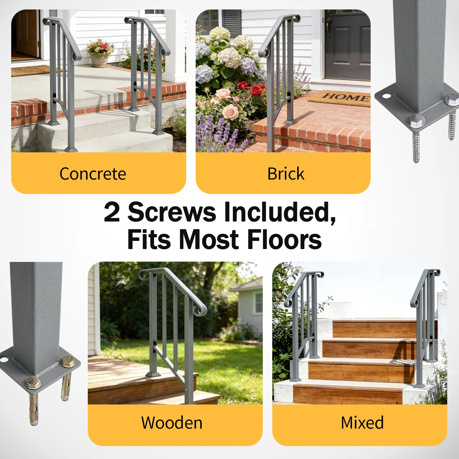 Handrails for Outdoor Steps, Iron Handrail Fits 1 Step, Transitional Handrail with Installation Kit, Silver view 12