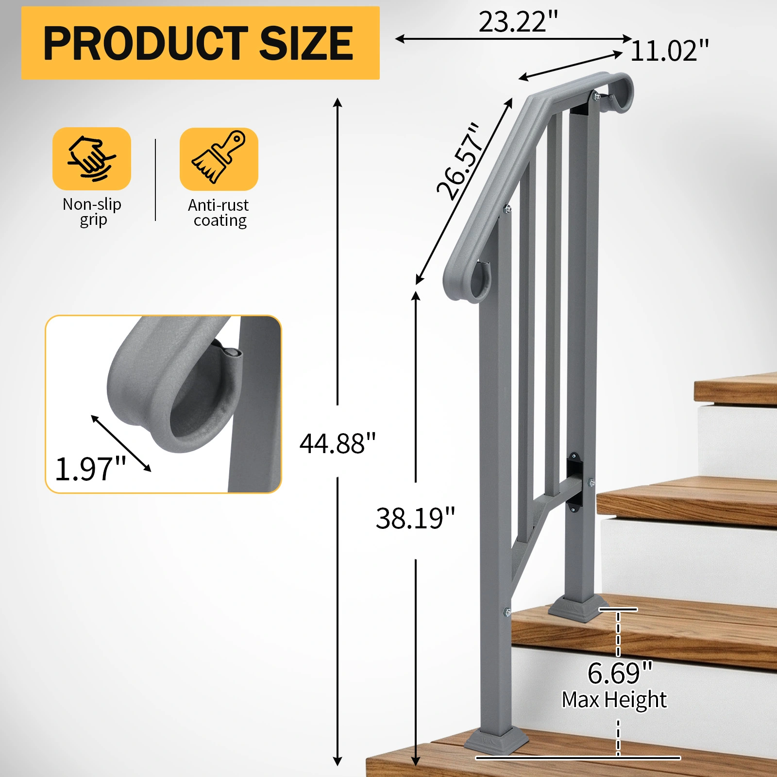 Handrails for Outdoor Steps, Iron Handrail Fits 1 Step, Transitional Handrail with Installation Kit, Silver view 7