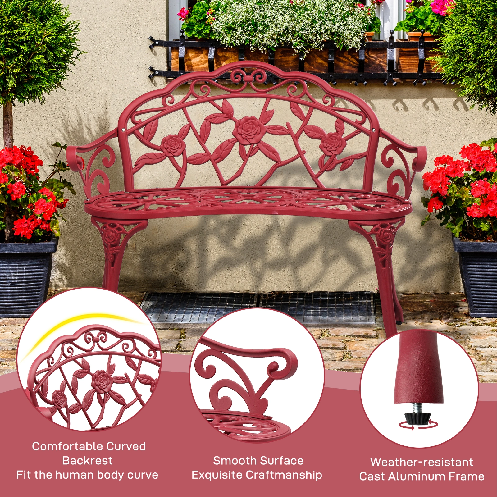 Outdoor Cast Aluminum Patio Bench, Porch Bench Chair with Curved Legs Rose Pattern, Red view 10