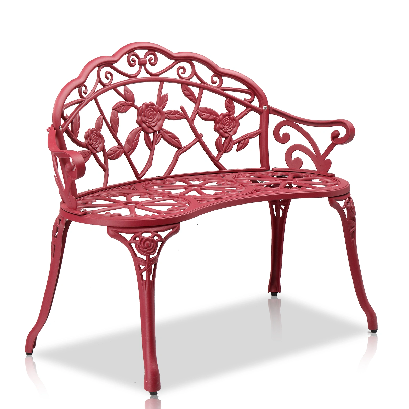 Outdoor Cast Aluminum Patio Bench, Porch Bench Chair with Curved Legs Rose Pattern, Red view 12