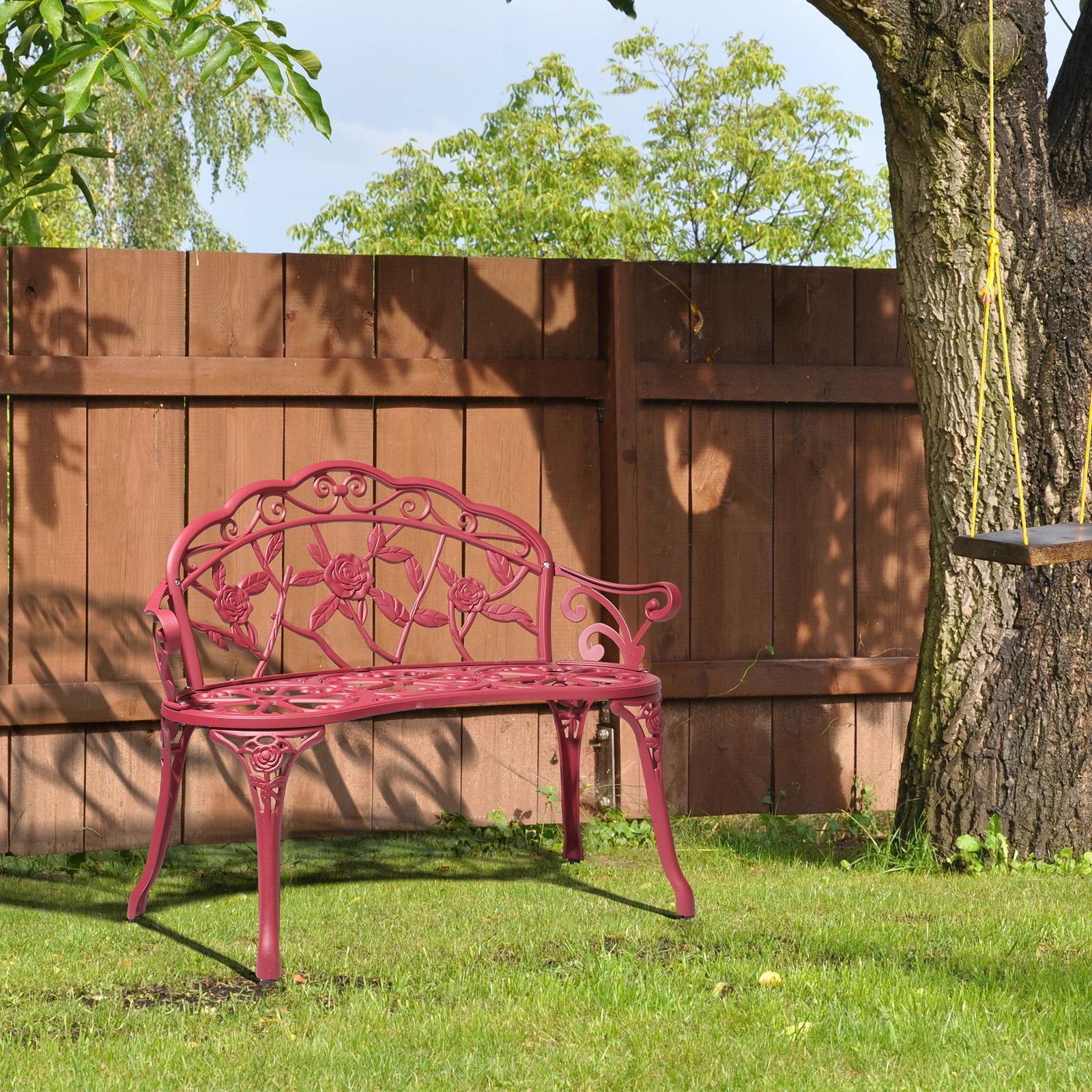 Outdoor Cast Aluminum Patio Bench, Porch Bench Chair with Curved Legs Rose Pattern, Red view 3