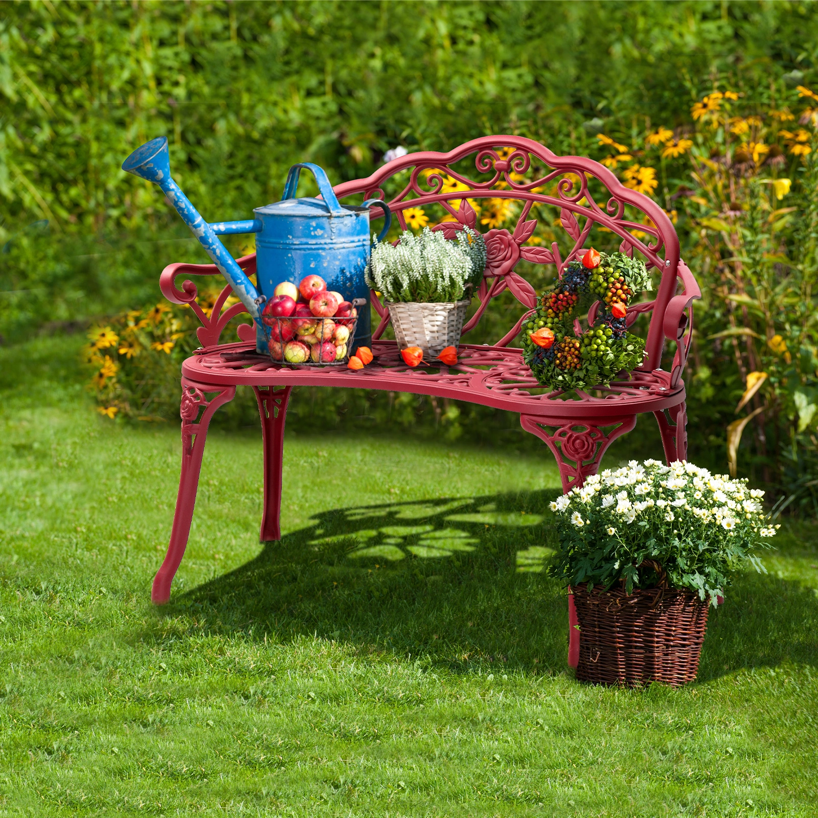 Outdoor Cast Aluminum Patio Bench, Porch Bench Chair with Curved Legs Rose Pattern, Red view 4