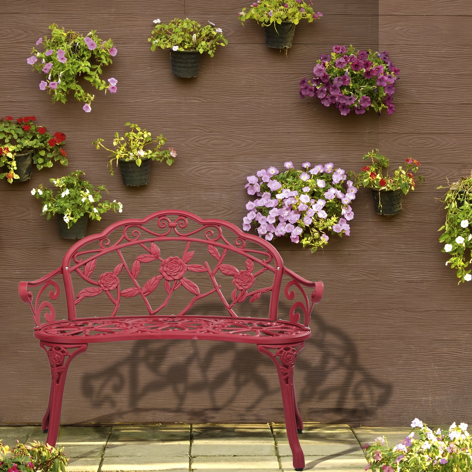 Outdoor Cast Aluminum Patio Bench, Porch Bench Chair with Curved Legs Rose Pattern, Red view 6