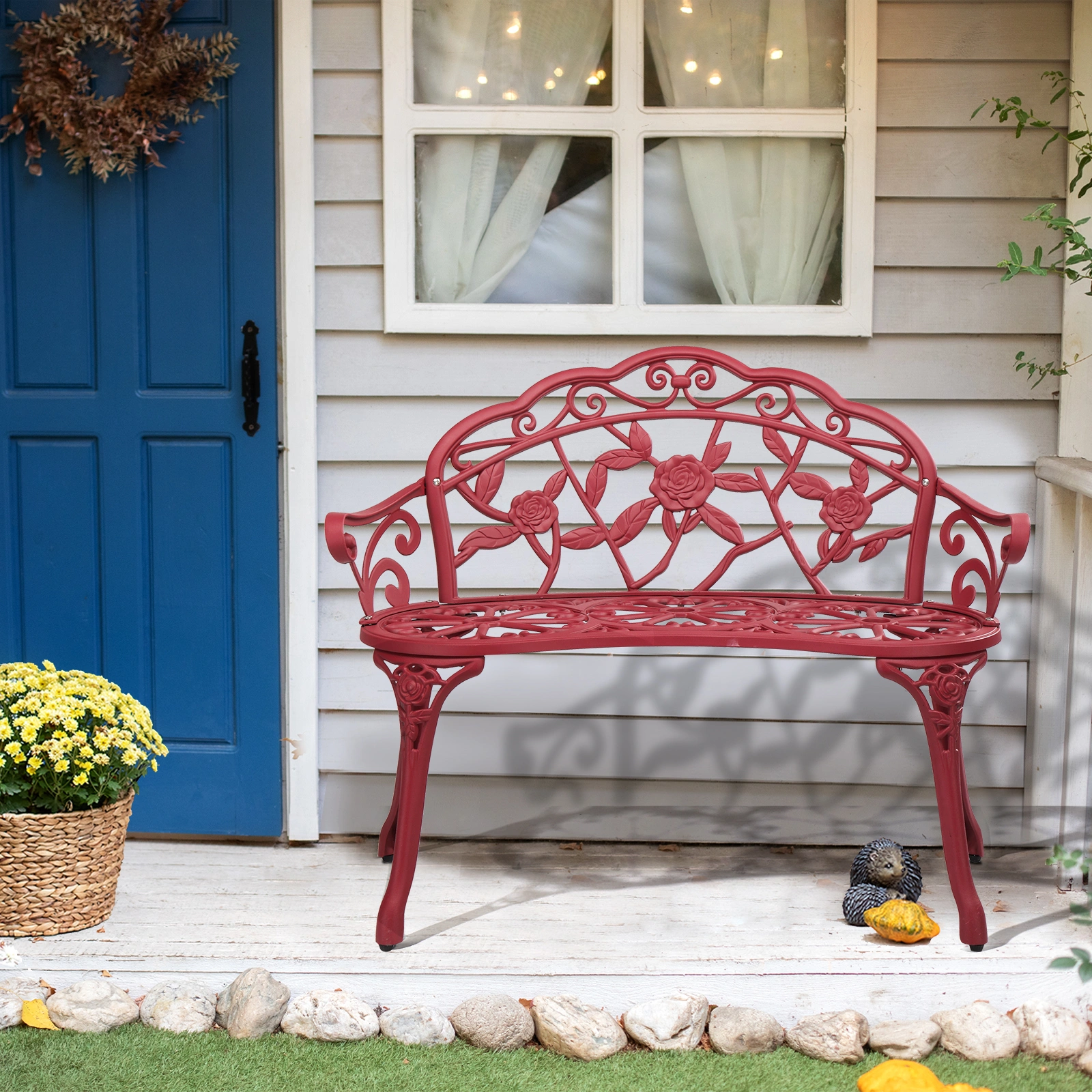Outdoor Cast Aluminum Patio Bench, Porch Bench Chair with Curved Legs Rose Pattern, Red view 7
