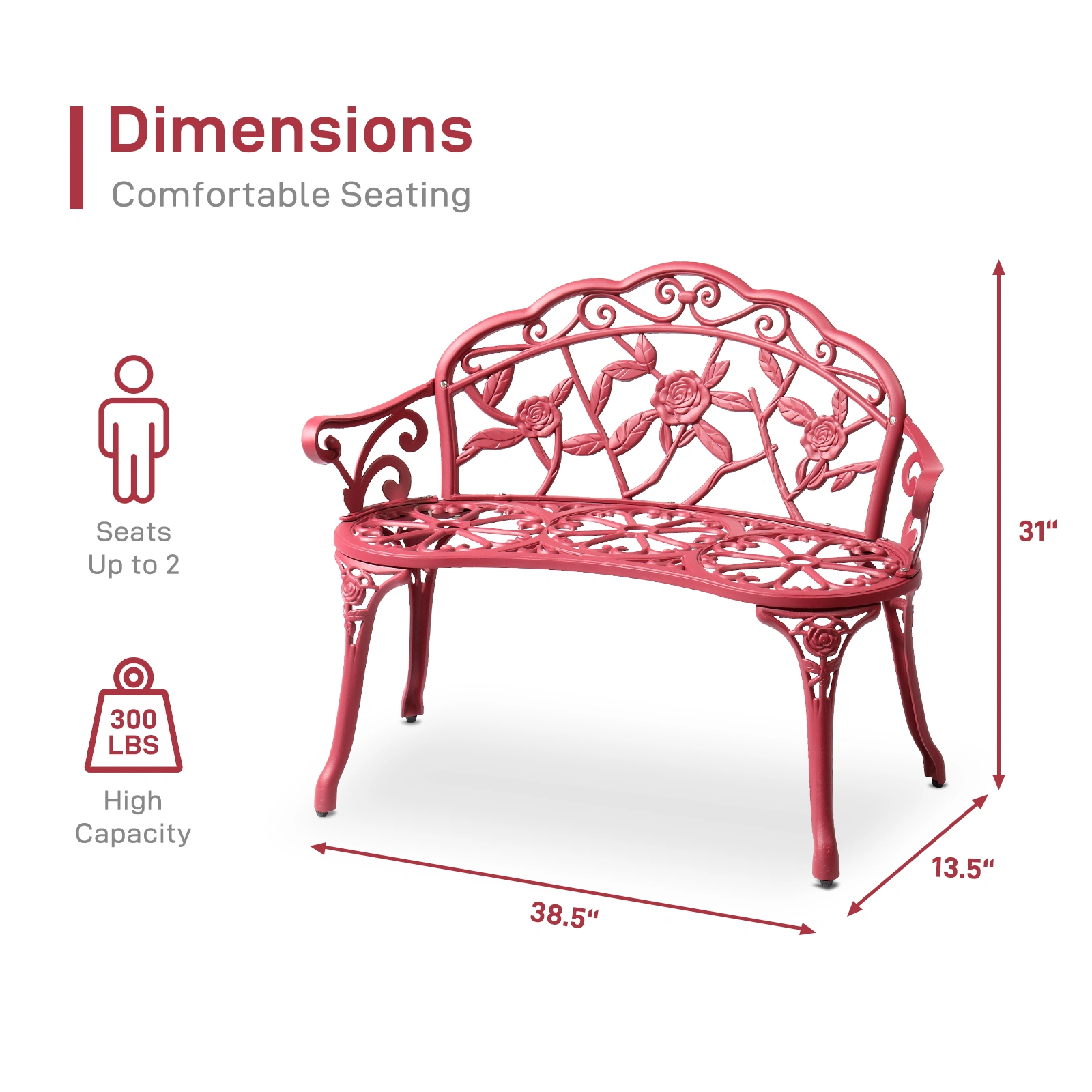 Outdoor Cast Aluminum Patio Bench, Porch Bench Chair with Curved Legs Rose Pattern, Red view 8